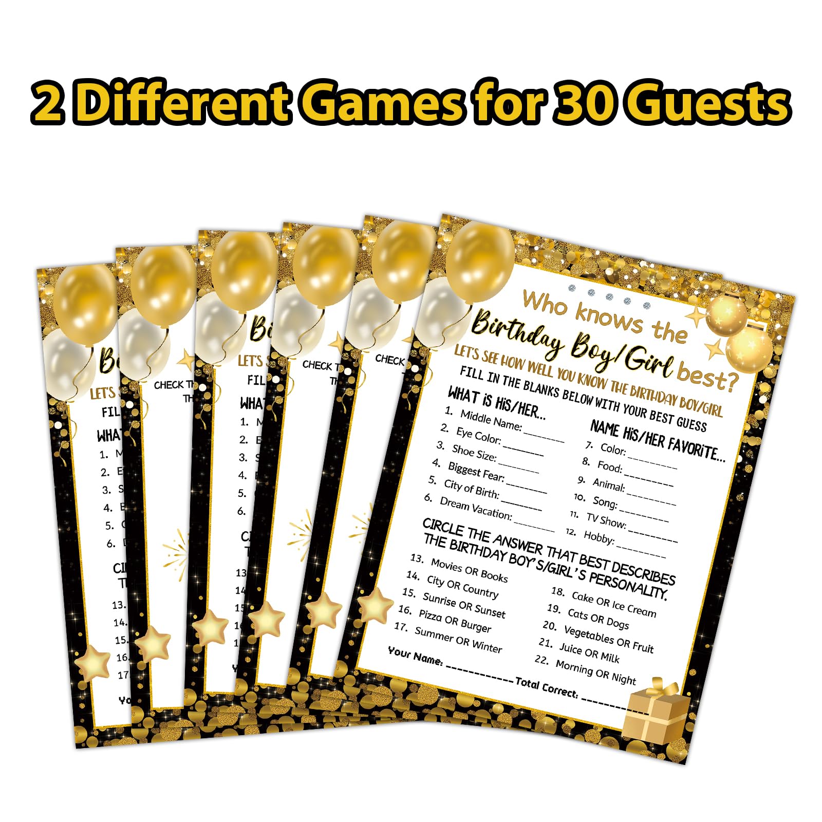 Set of 30 birthday game cards for family and friends party