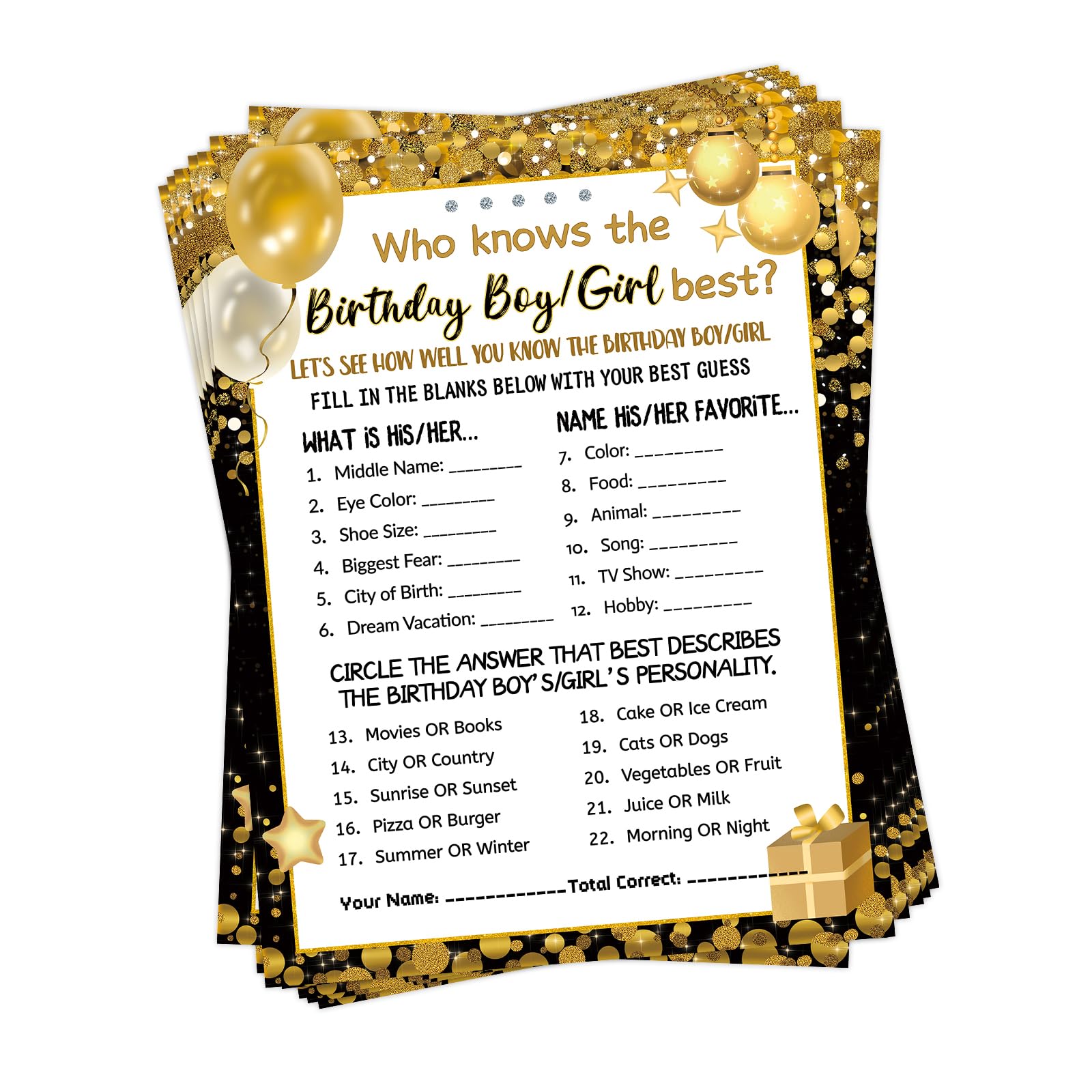 HOMANGA Who Knows The Birthday Boy Girl Best birthday game cards set of 30 Black Gold Double-Sided