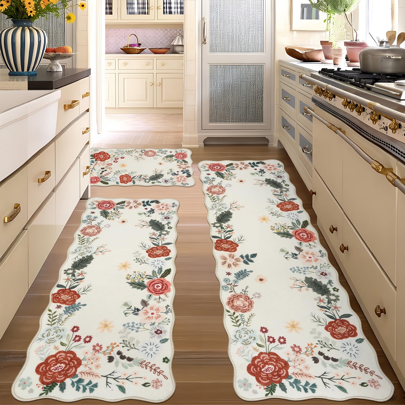 Homcomoda Floral Kitchen Rugs 3pc beige 20x59 image