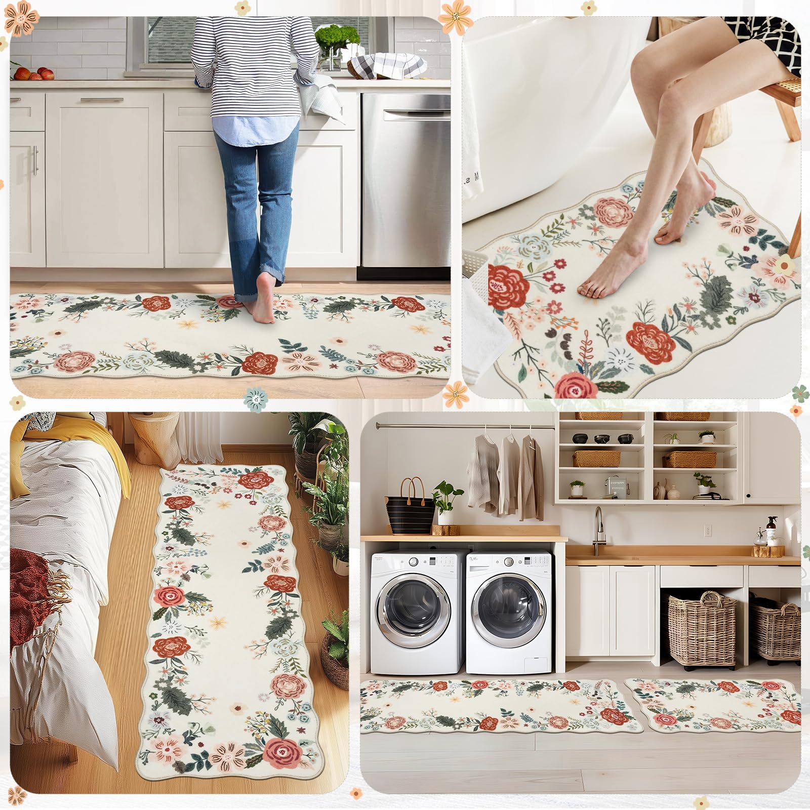 Vintage floral kitchen rug set beige image