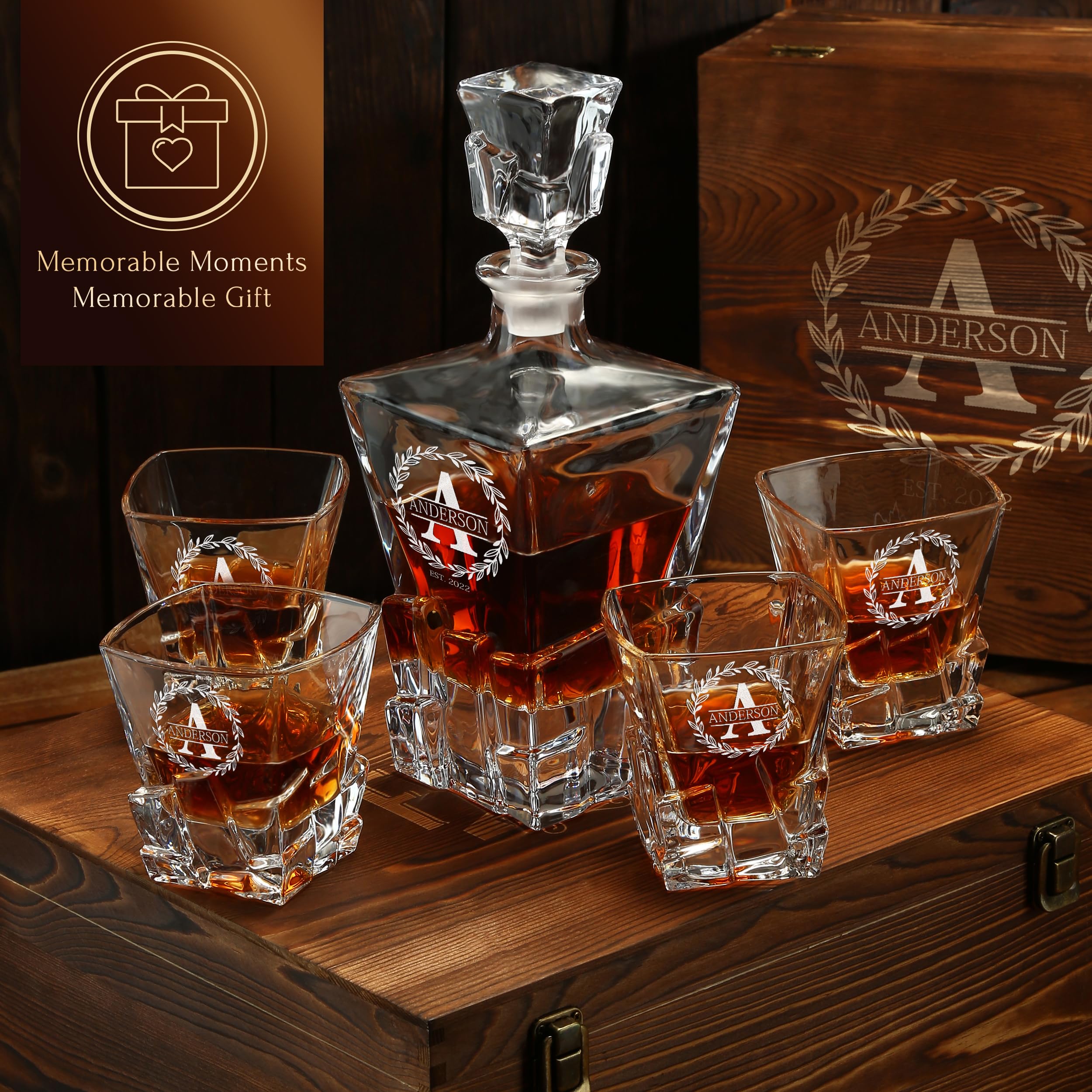 Home bar display with engraved whiskey decanter and glasses