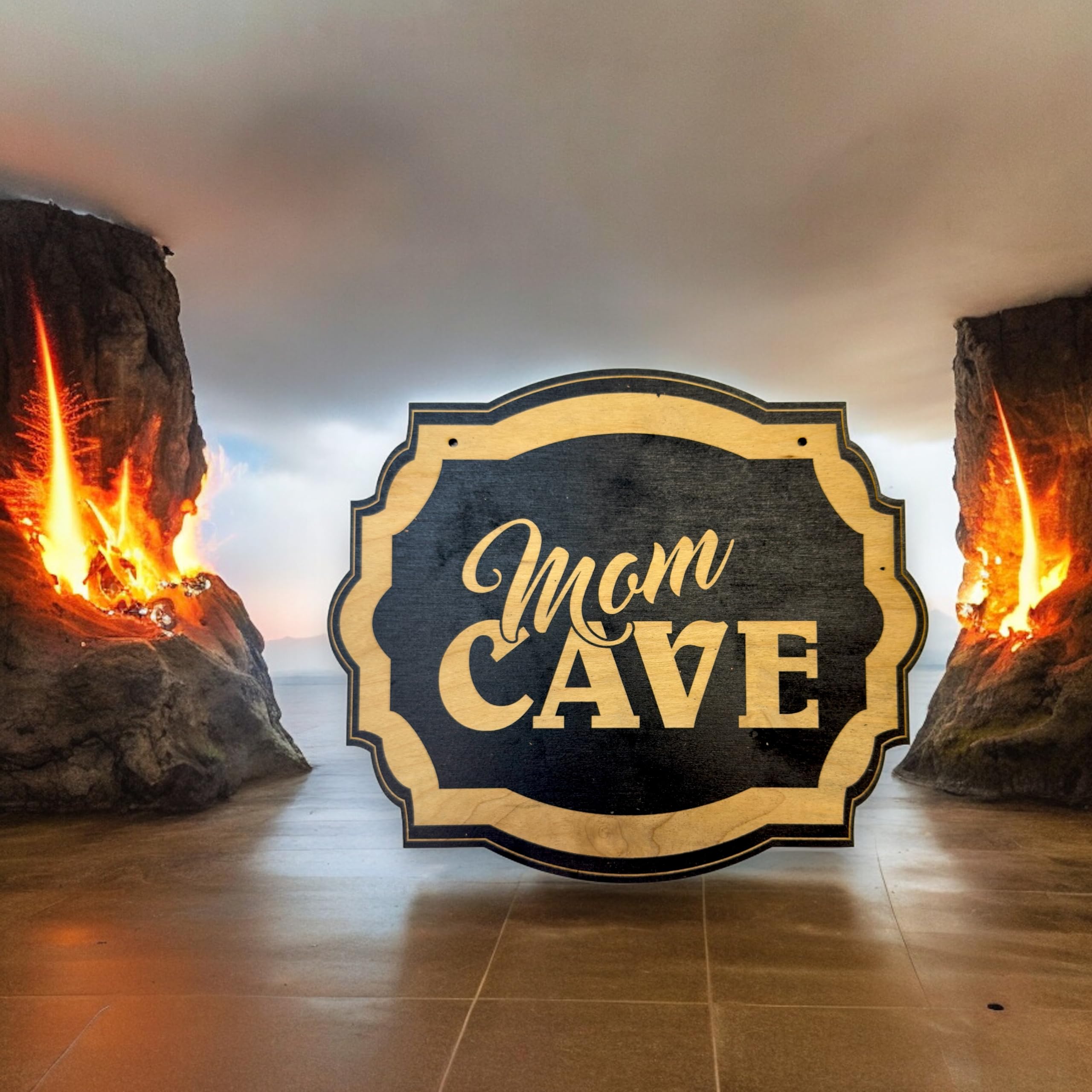Laser engraved lettering on Sign BLACK Mom Cave 10x8