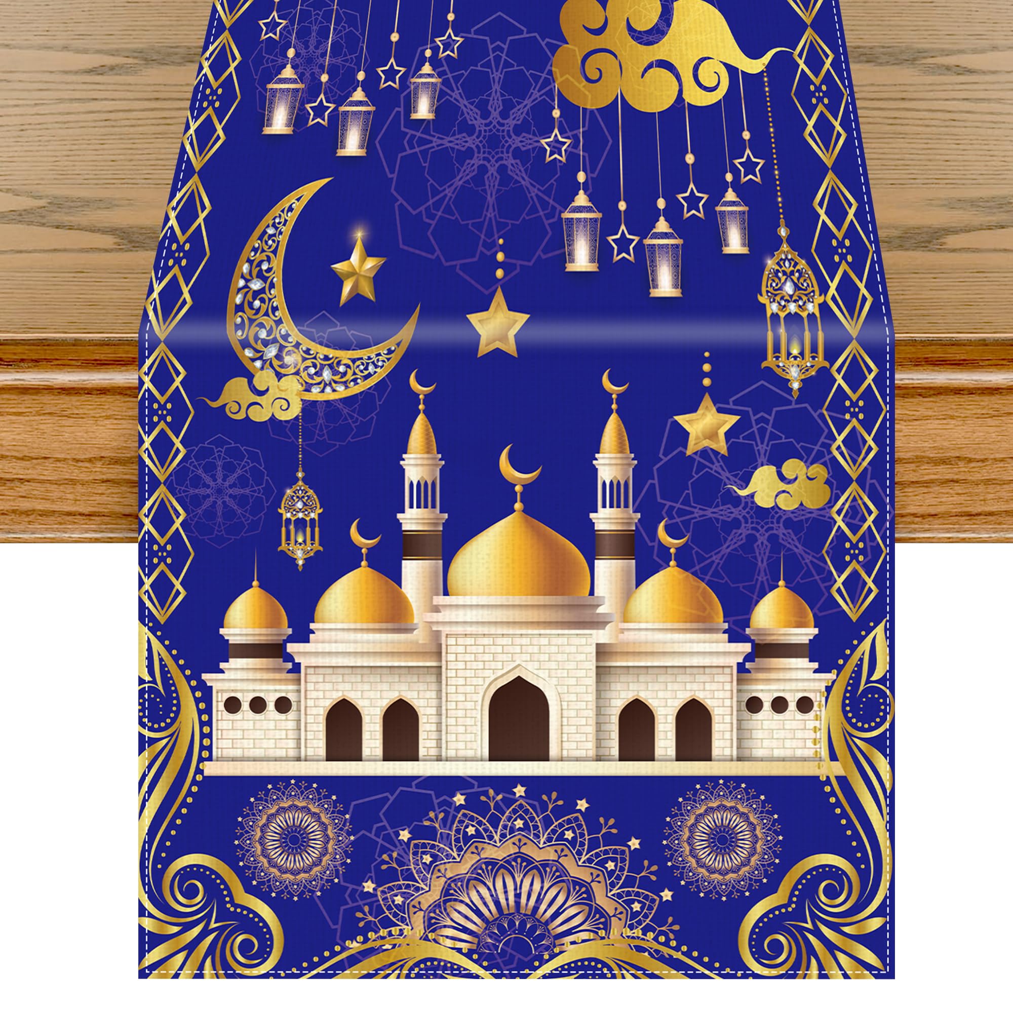 Home dining room setup with Ramadan Mubarak Table Runner