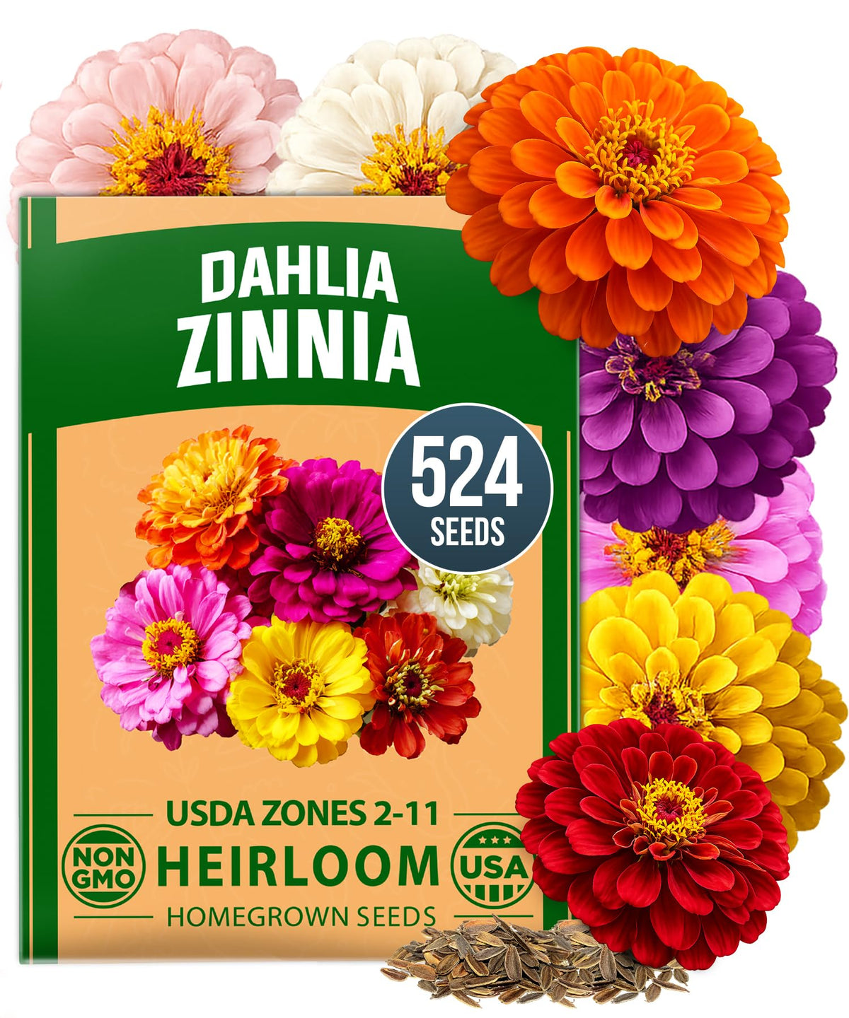 Home Grown Zinnia Dahlia Seeds seed pack 524 seeds for gardens