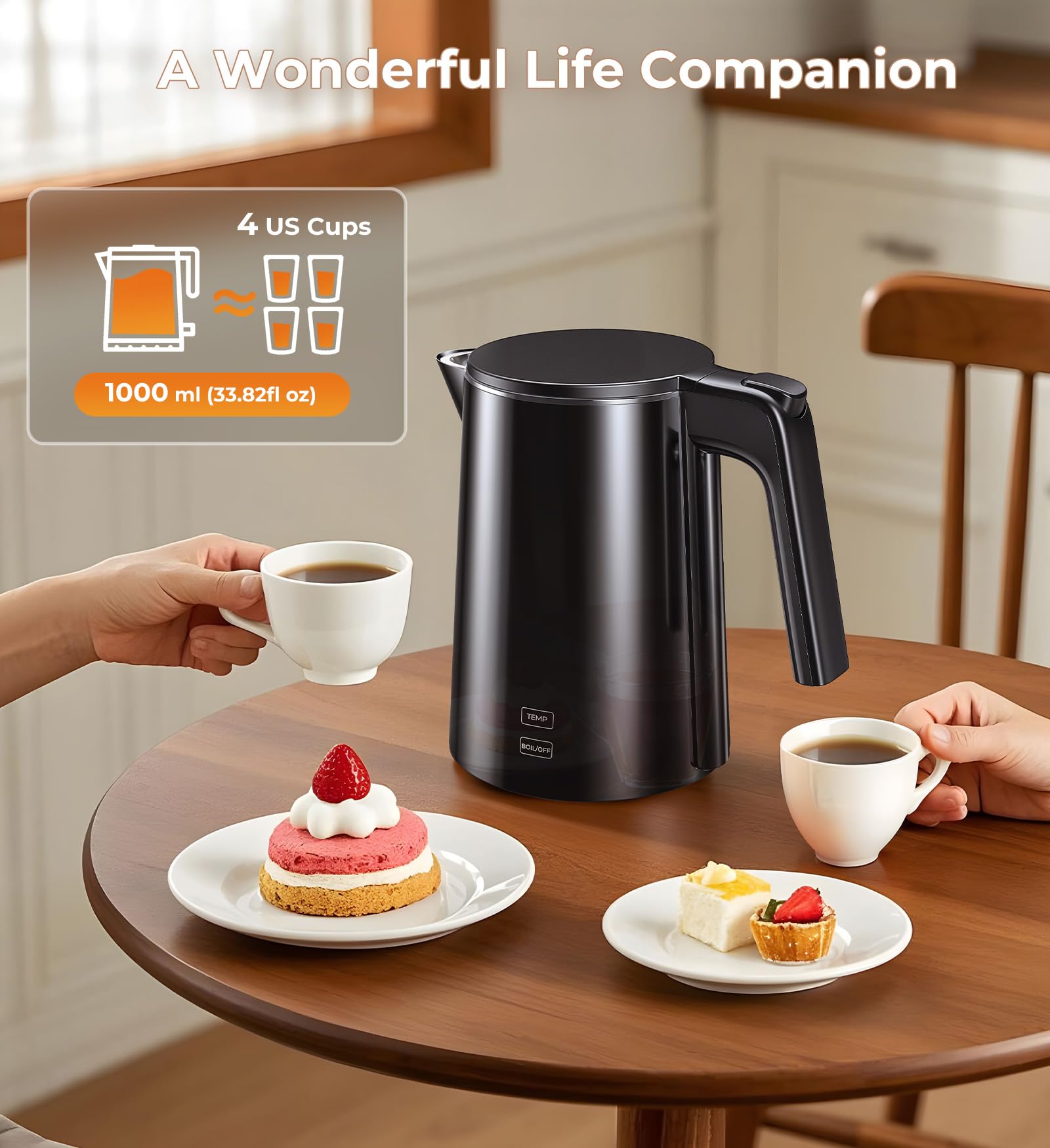 1.0L capacity kettle suitable for multiple cups