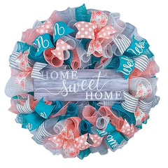 Home Sweet Home Wreath 24 inch coral grey teal white mesh