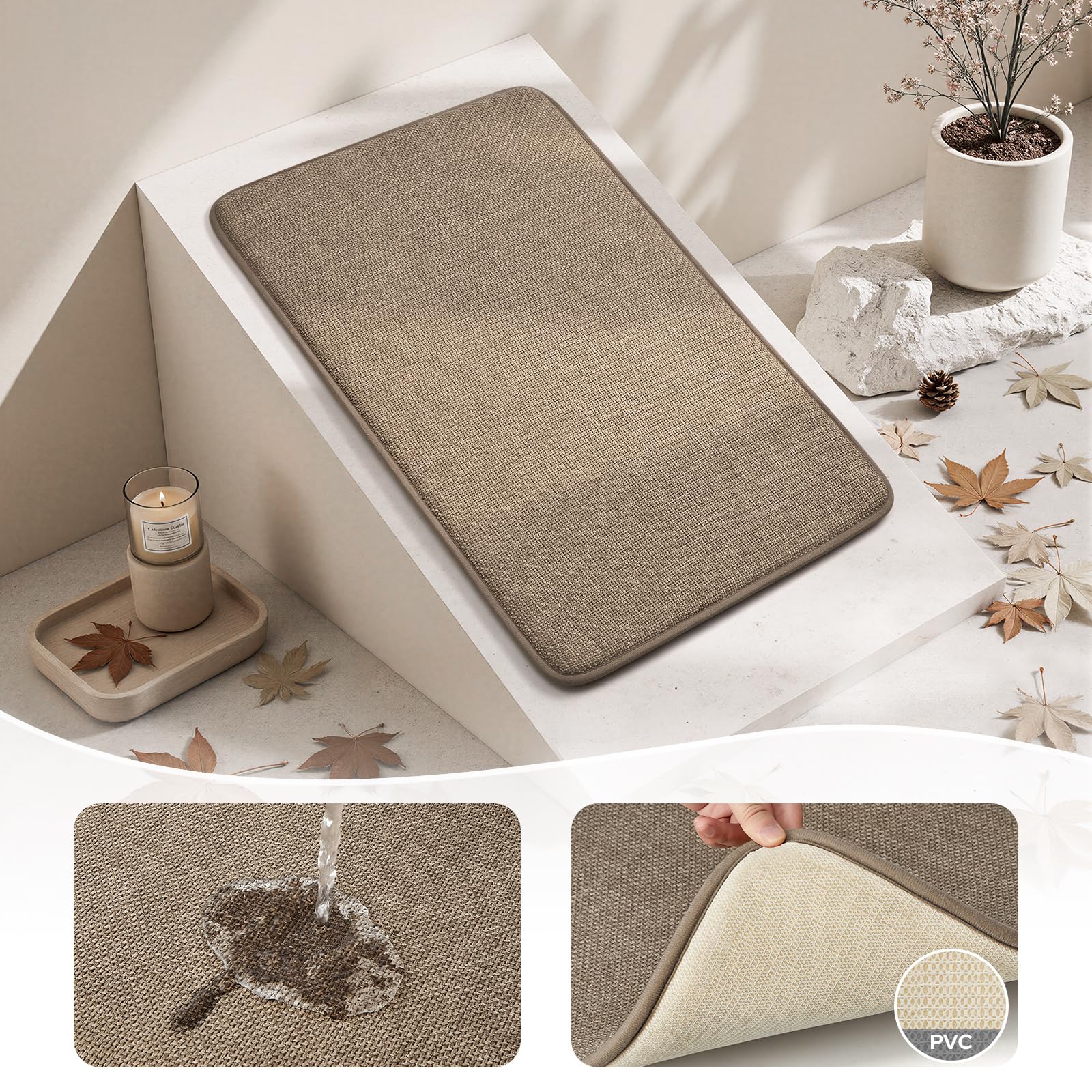 Non slip backing visible on HOMEIDEAS bathroom rug set 24x17