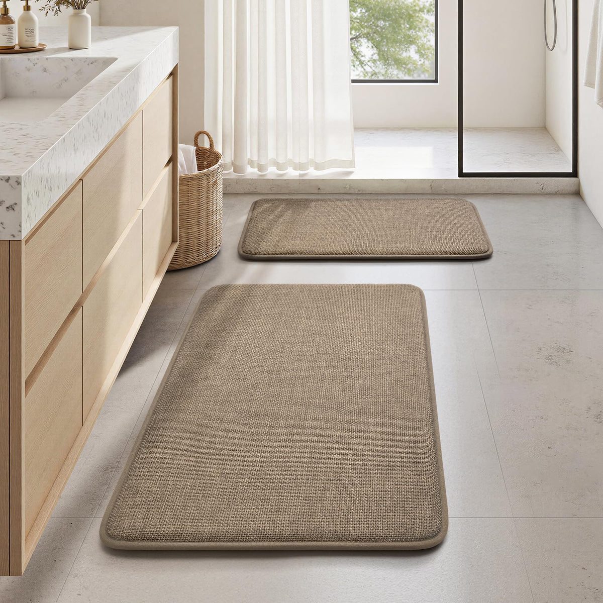 HOMEIDEAS dark beige bathroom rugs 2 piece set on display