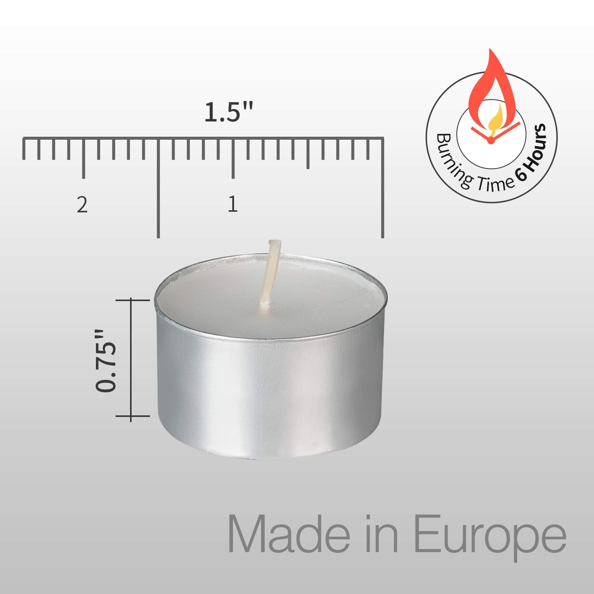 Tealight candles with 6–7 hour burn time in metal holder