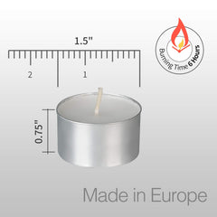 Tealight candles with 6–7 hour burn time in metal holder