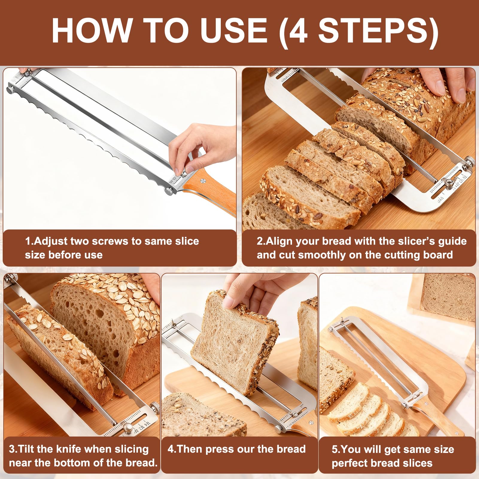 Bread slicer with thickness guide for even slices