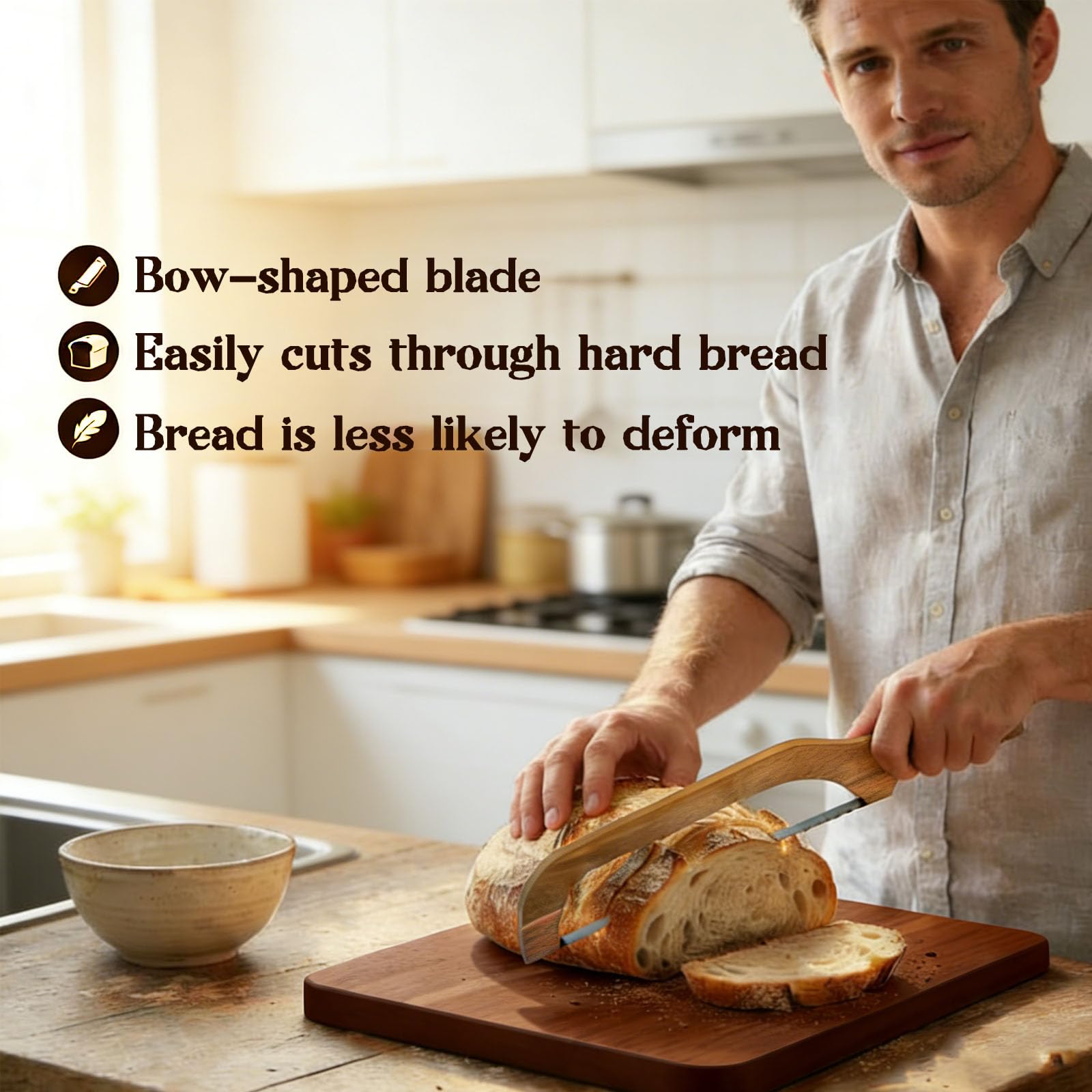 Bow design bread knife for artisan loaves in use