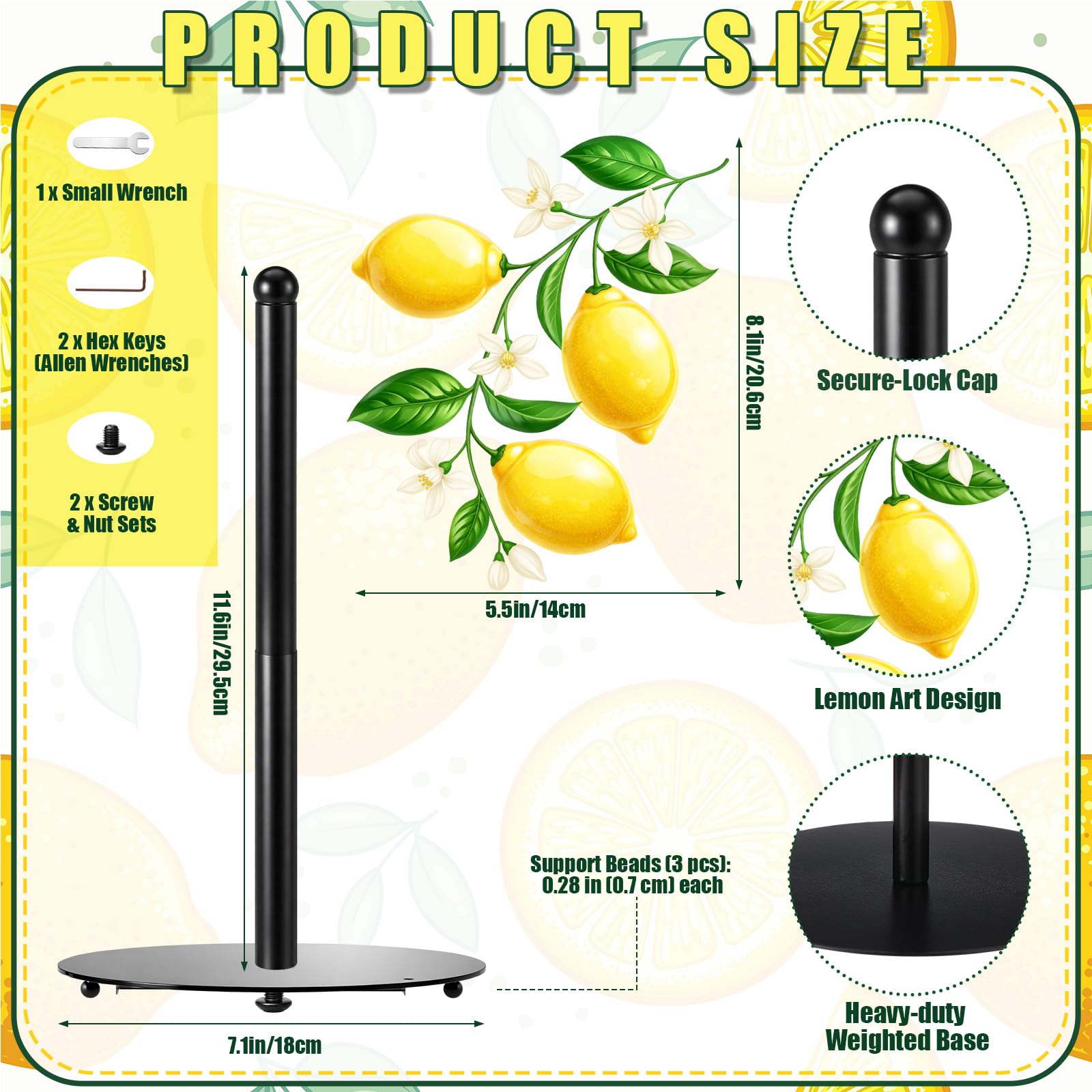 Metal lemon paper towel holder with 7.1 inch base and 11.2 inch pillar