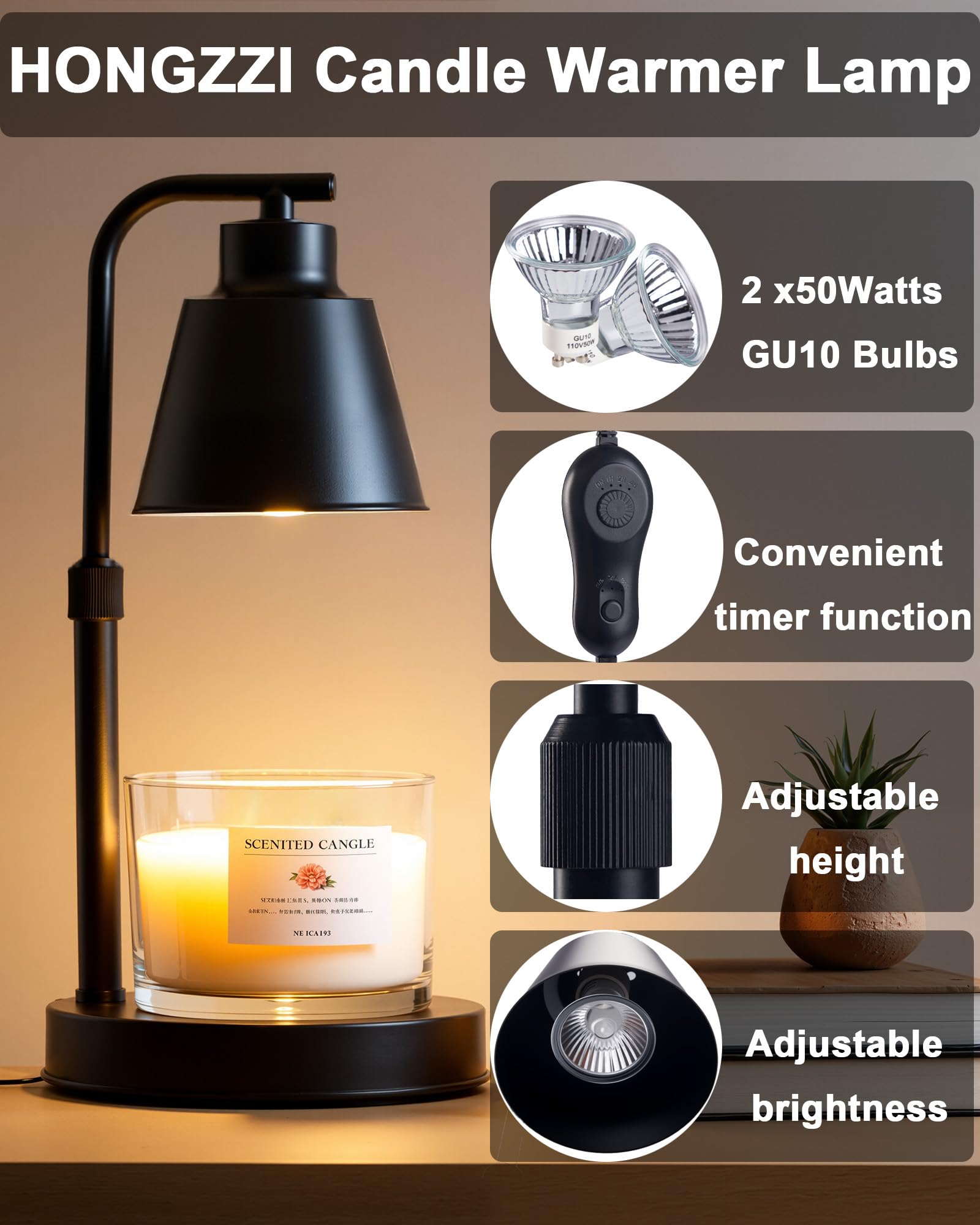 HONGZZI candle warmer lamp black timer on side angle