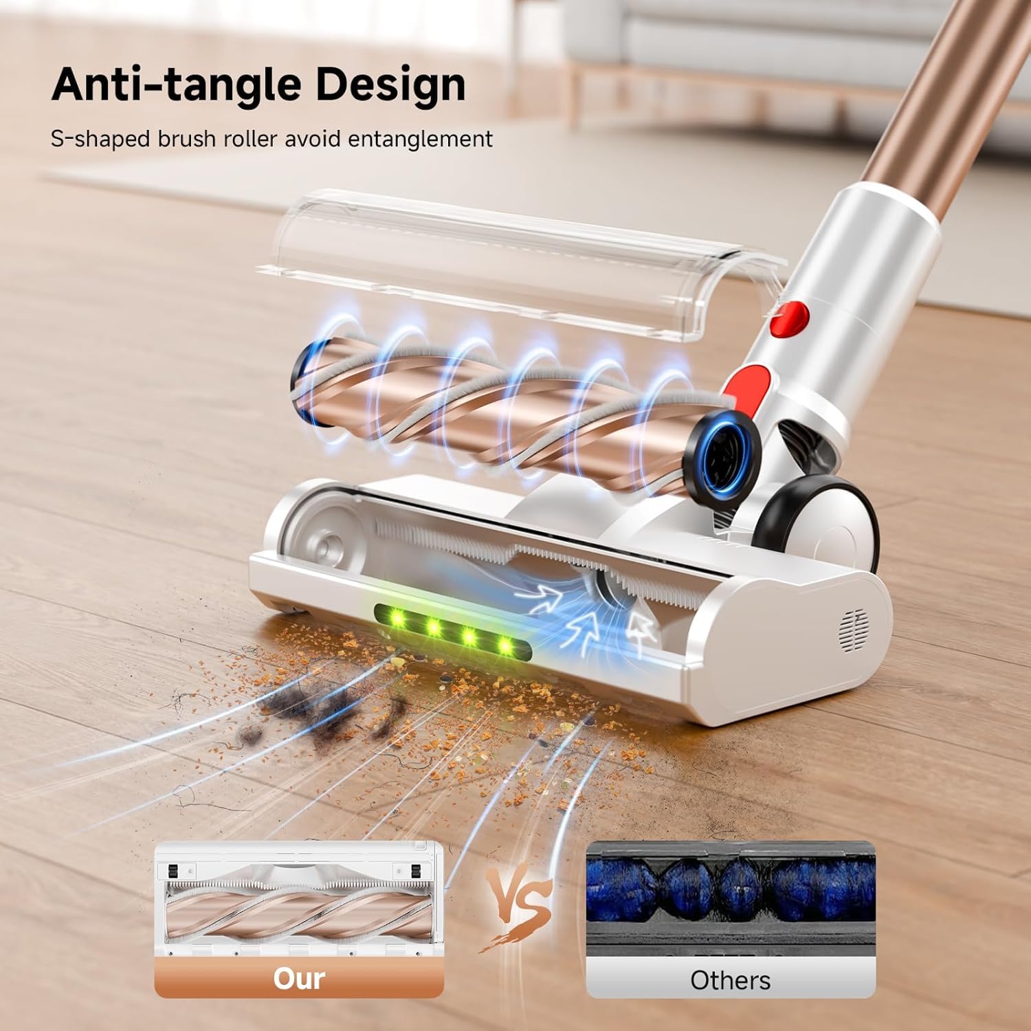 S-shaped anti-tangle brush head on Honki cordless vacuum cleaner