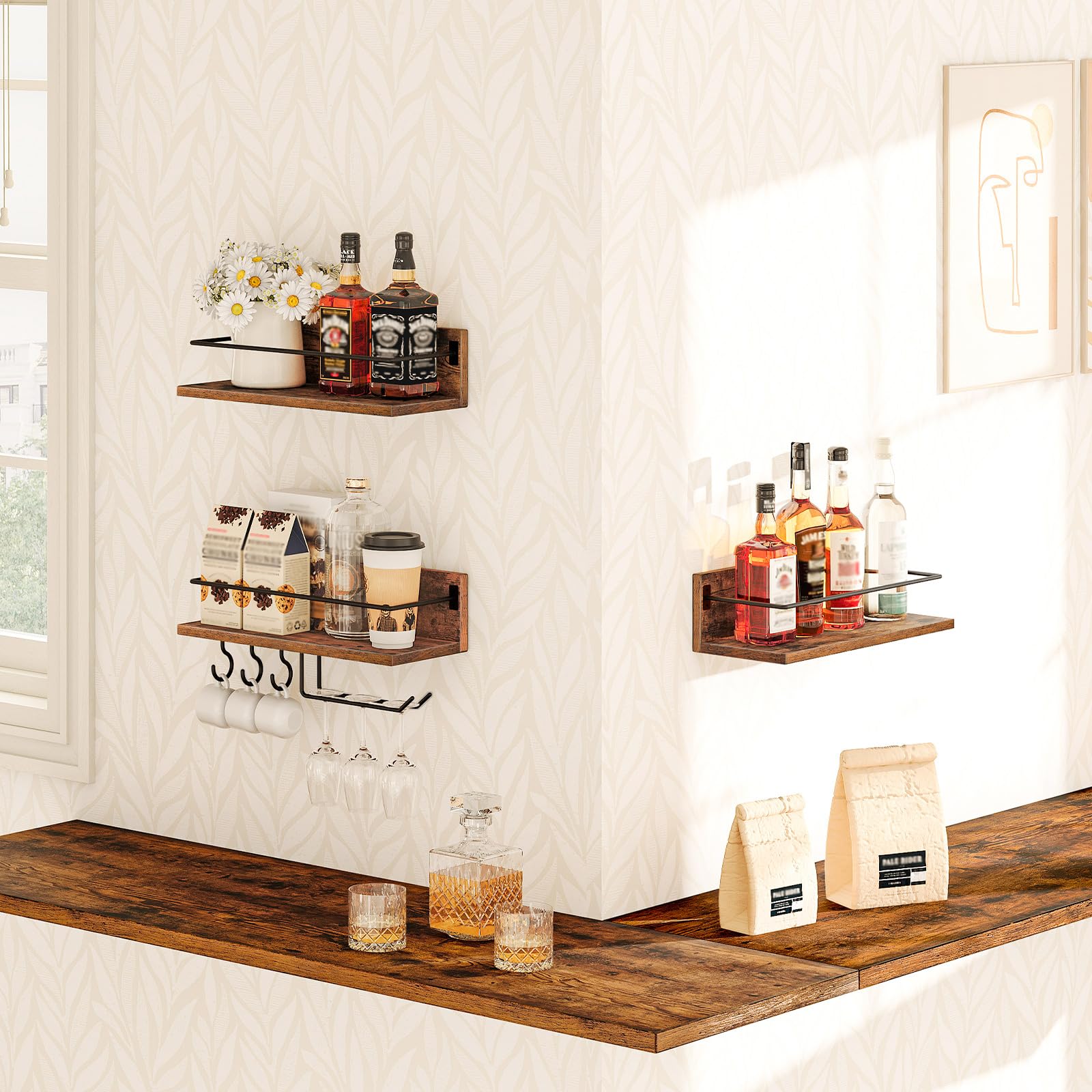 Three piece HOOBRO wine rack set mounted on wall