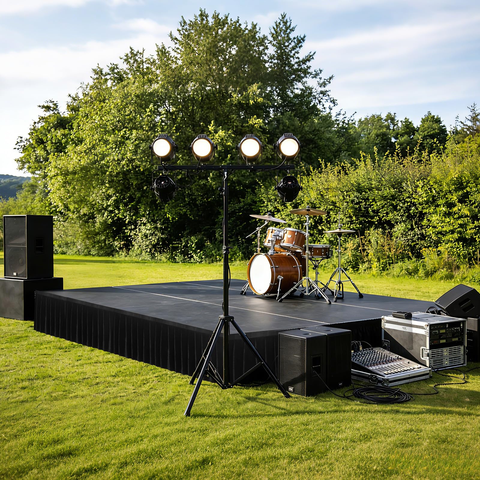Conceals rigging with black stage skirt for events