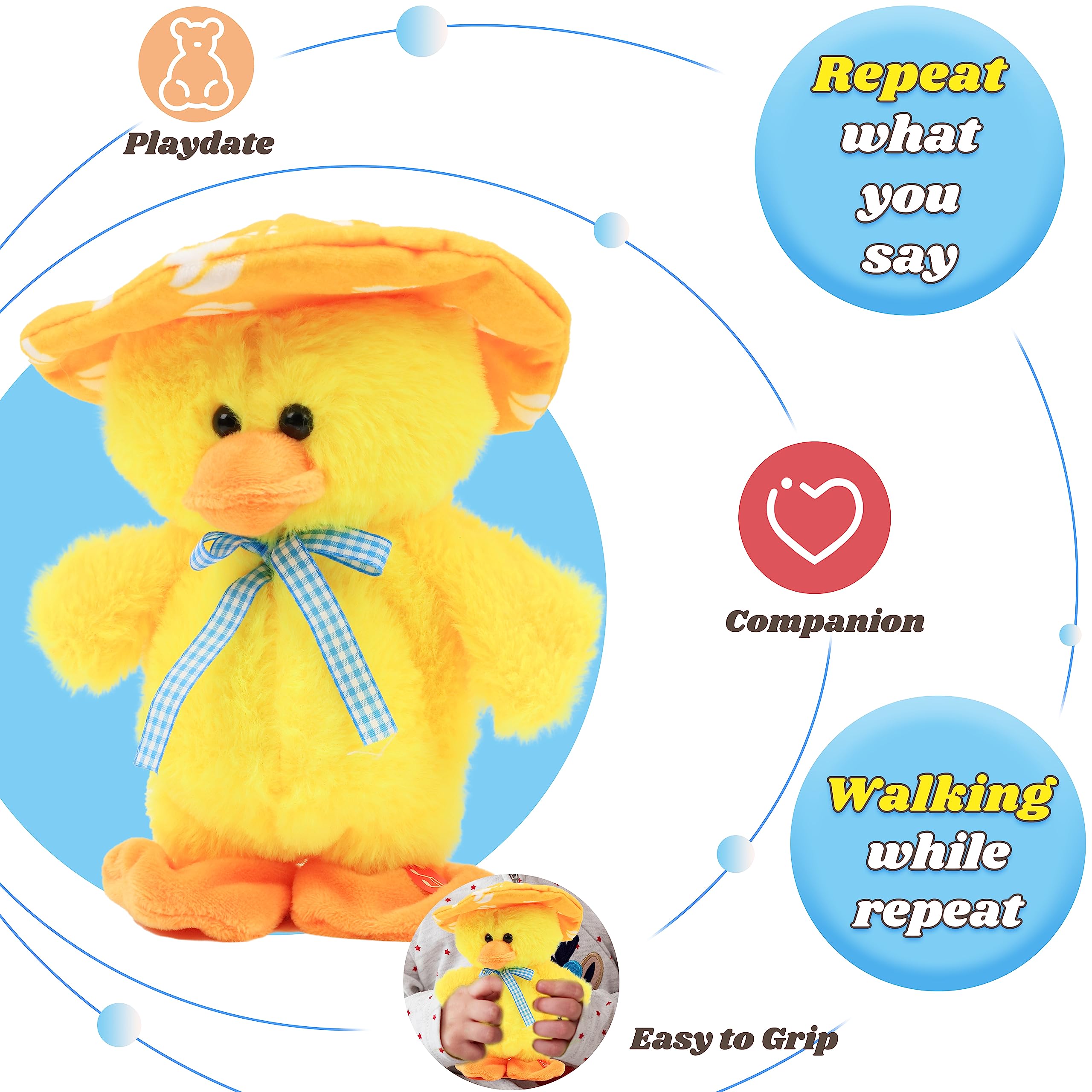 About 8.5 inches tall Hopearl talking duck plush