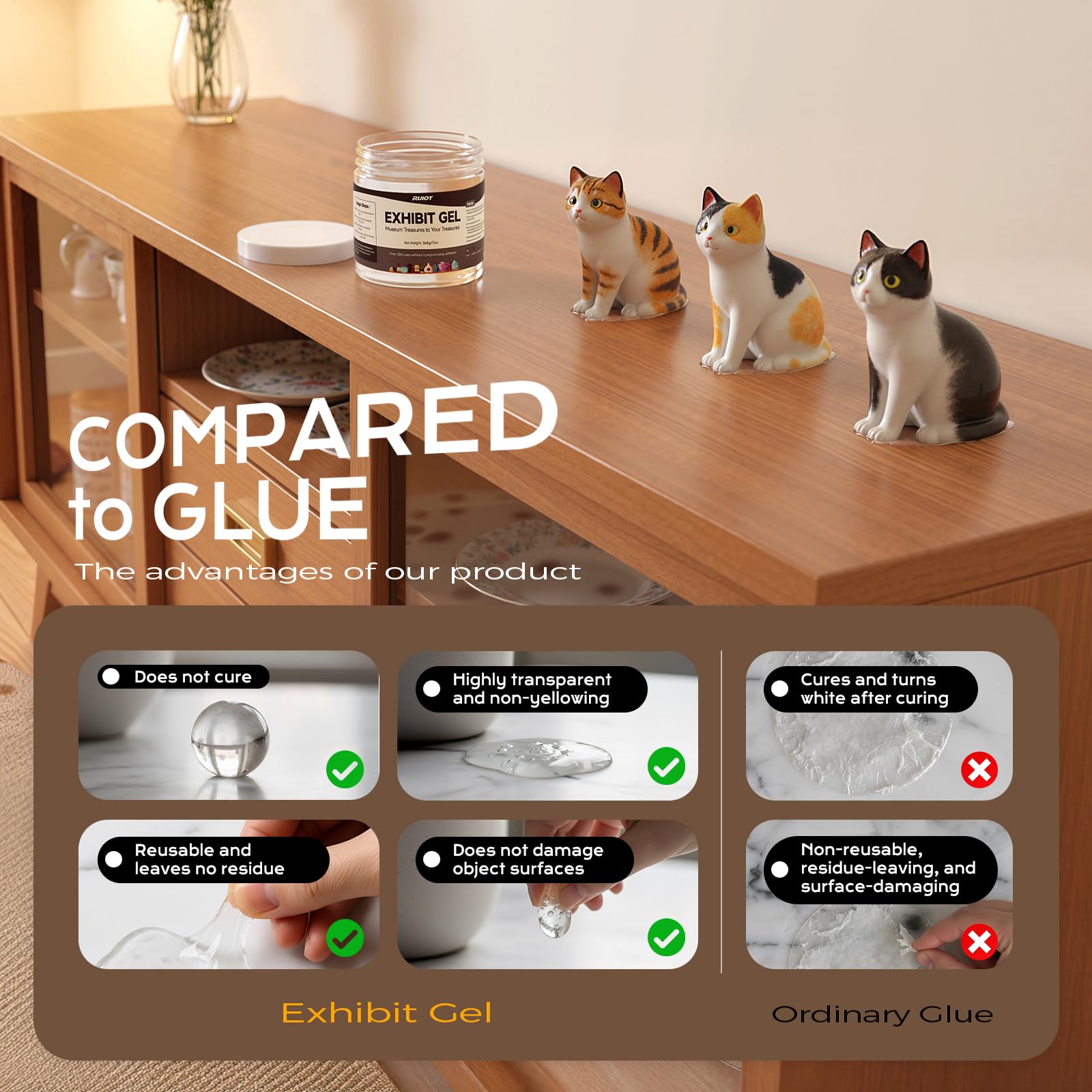 Clear exhibit gel on desk display surface
