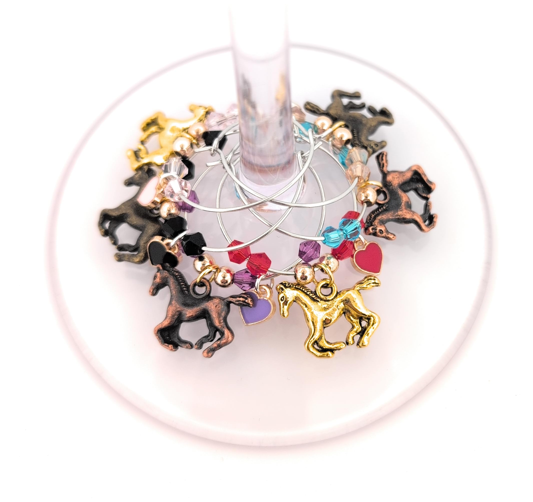Handcrafted vibrant horse wine charms with details