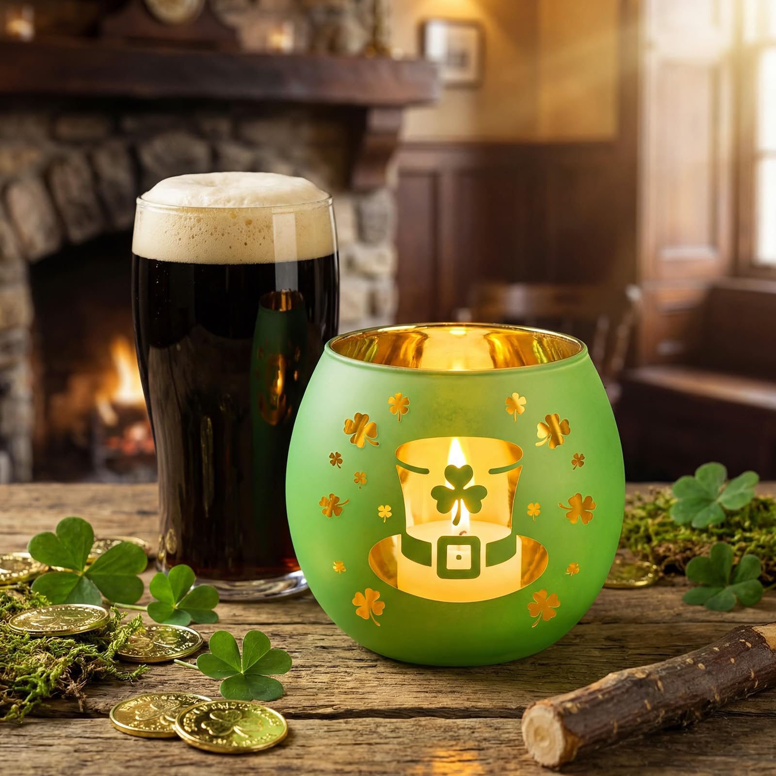 Patterned glass with shamrocks horseshoes leprechaun hats