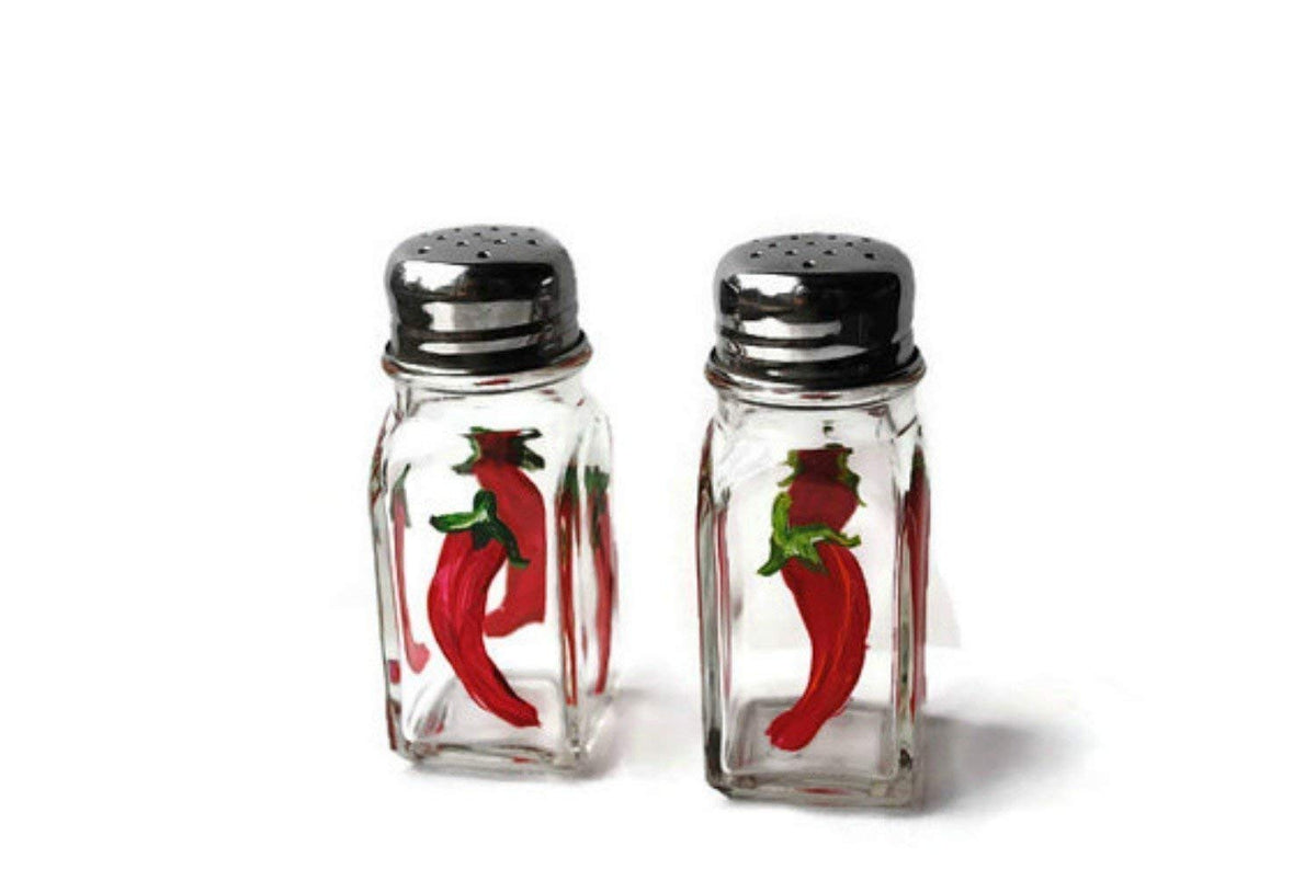 Red chili peppers salt and pepper glass shaker set design