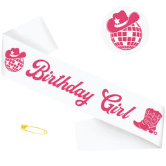 Hot pink Birthday Girl sash for Women on white satin with foil lettering
