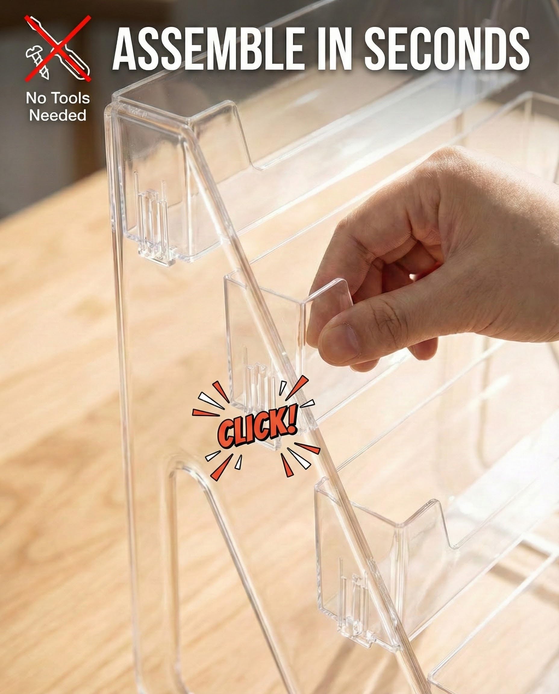 Crystal clear acrylic cookie display stand assembled at market booth