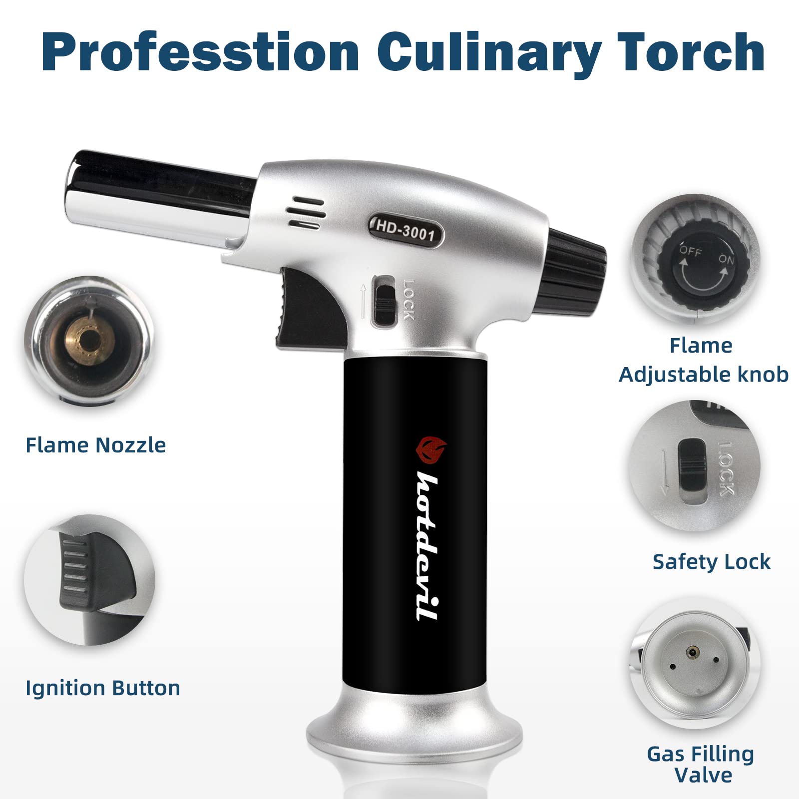 Hotdevil culinary torch refillable 6g capacity safety lock