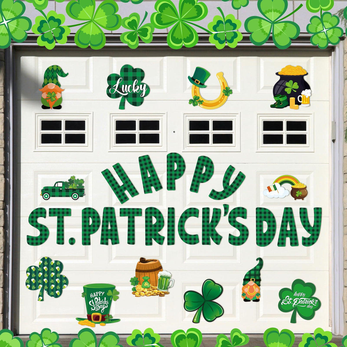Hoteam 30 Pcs St Patrick's Day garage door magnets shamrock plaid