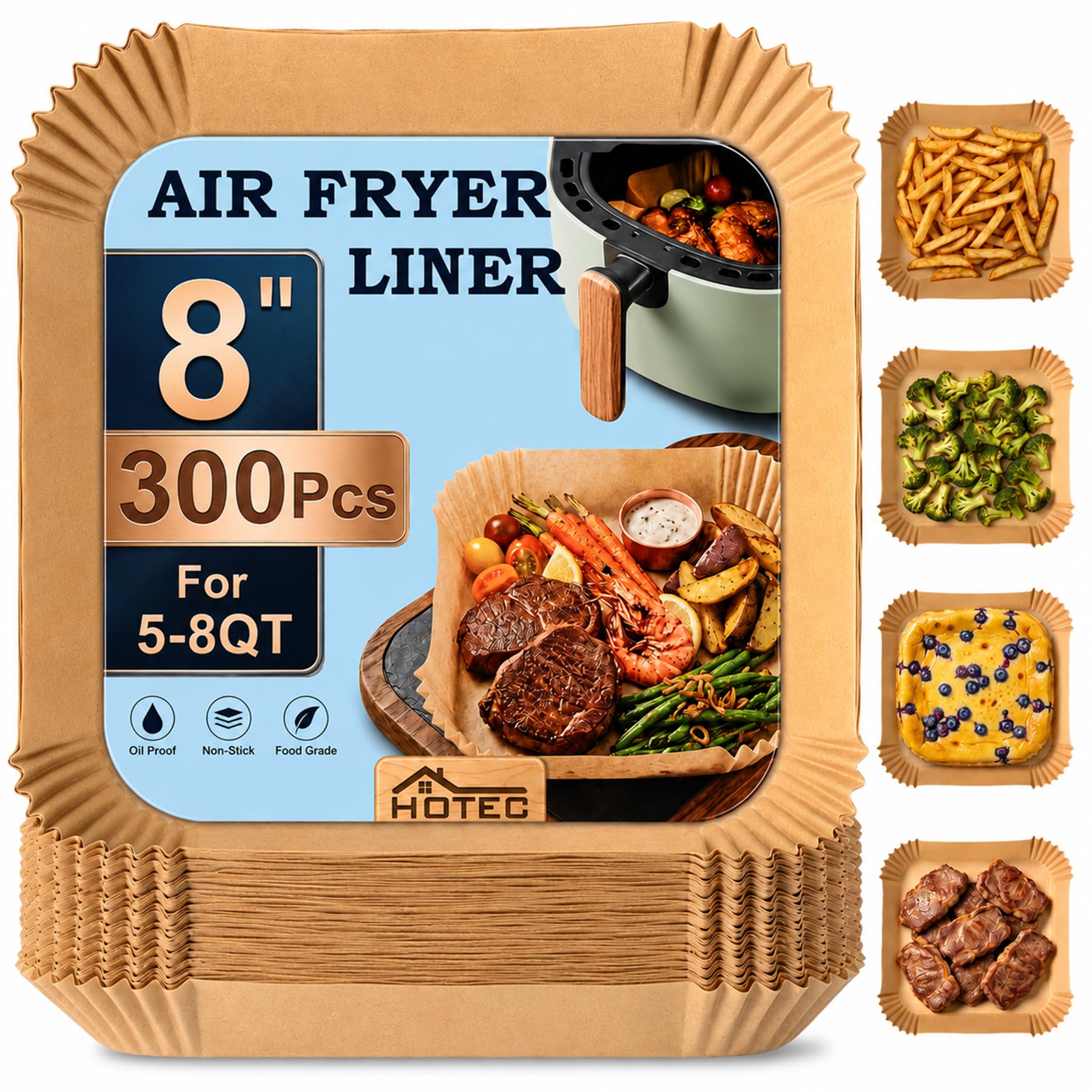 HOTEC 8 inch square disposable air fryer liners 300 count