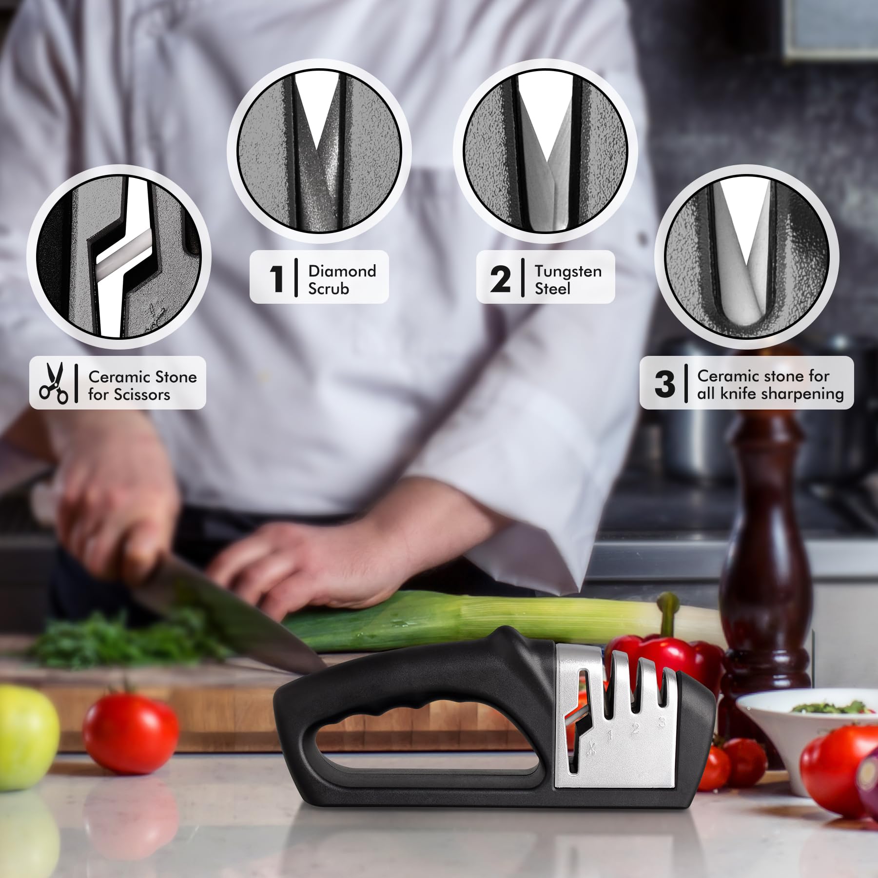 Sharpener suitable for chef's knives serrated blades and paring knives