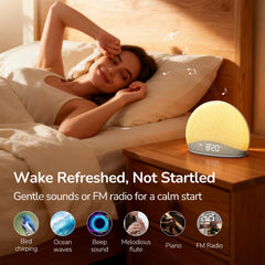 Bedroom setup showing HOUSBAY alarm clock night light