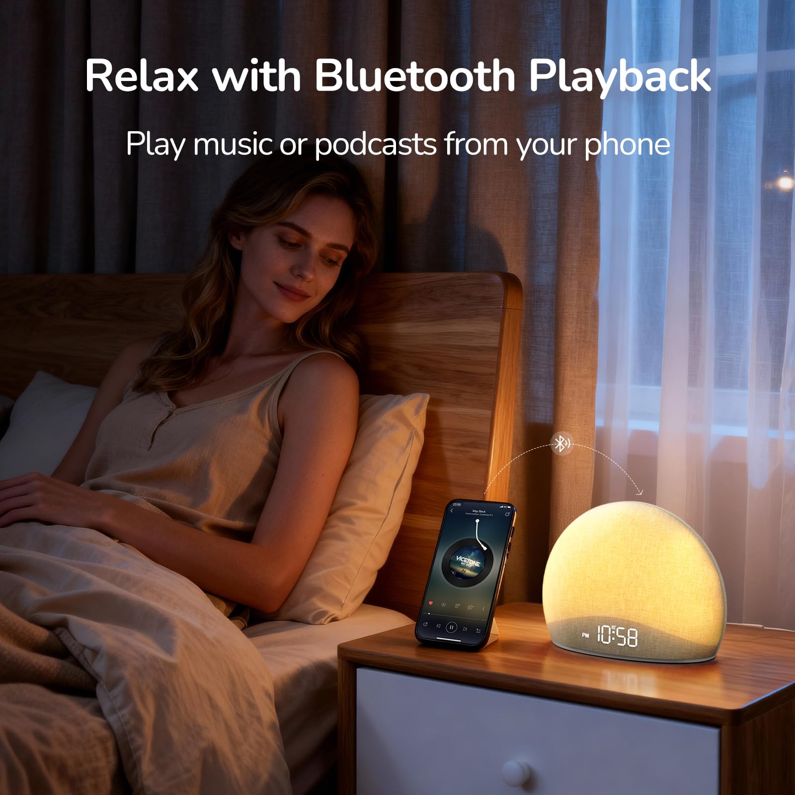 Sunrise light wakes you on HOUSBAY clock in bedroom