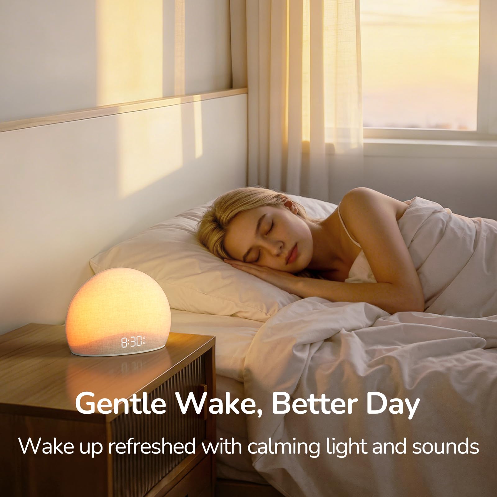 HOUSBAY Sunrise Alarm Clock Radio FM radio and Bluetooth audio in use