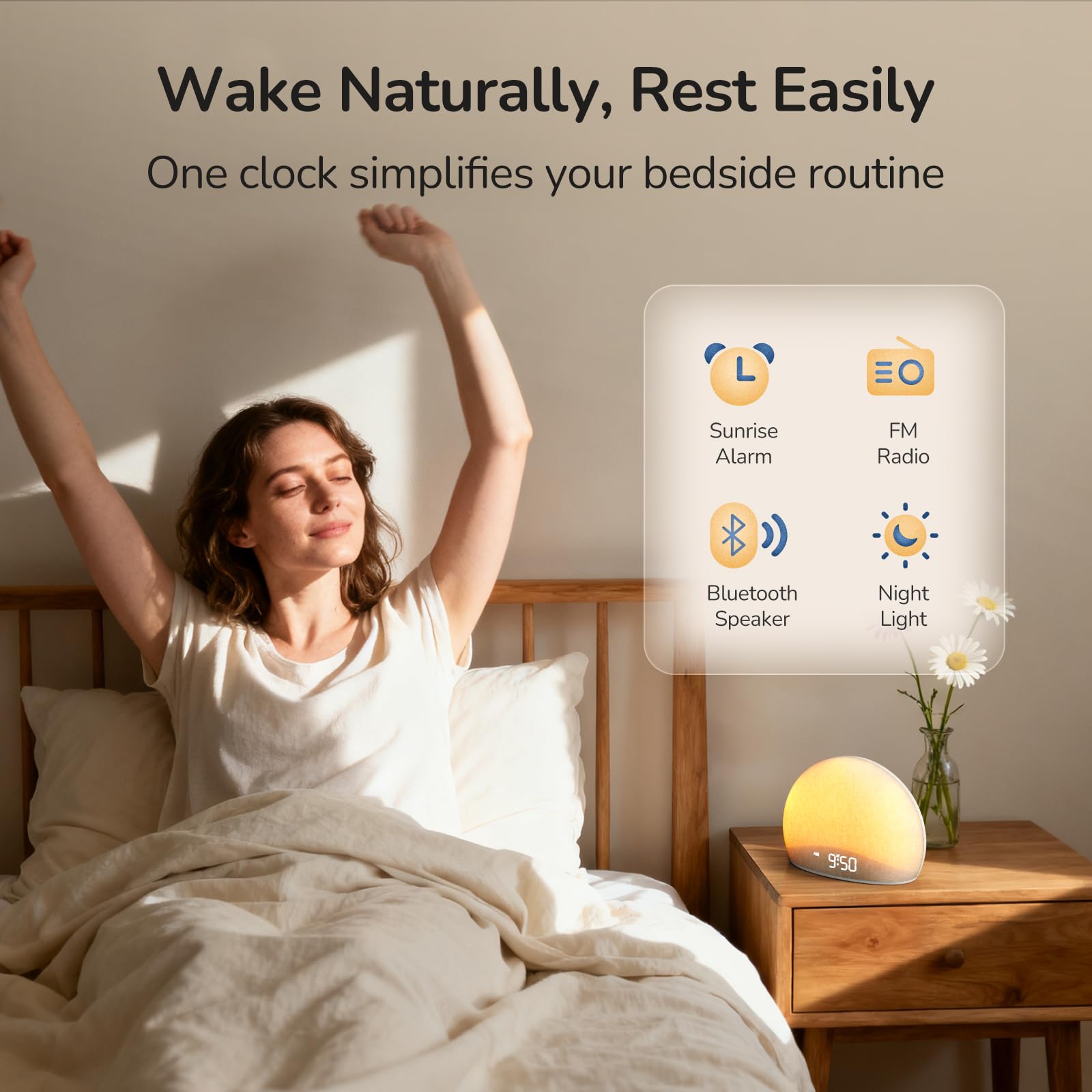 HOUSBAY Sunrise Alarm Clock Radio display dimming in bedroom