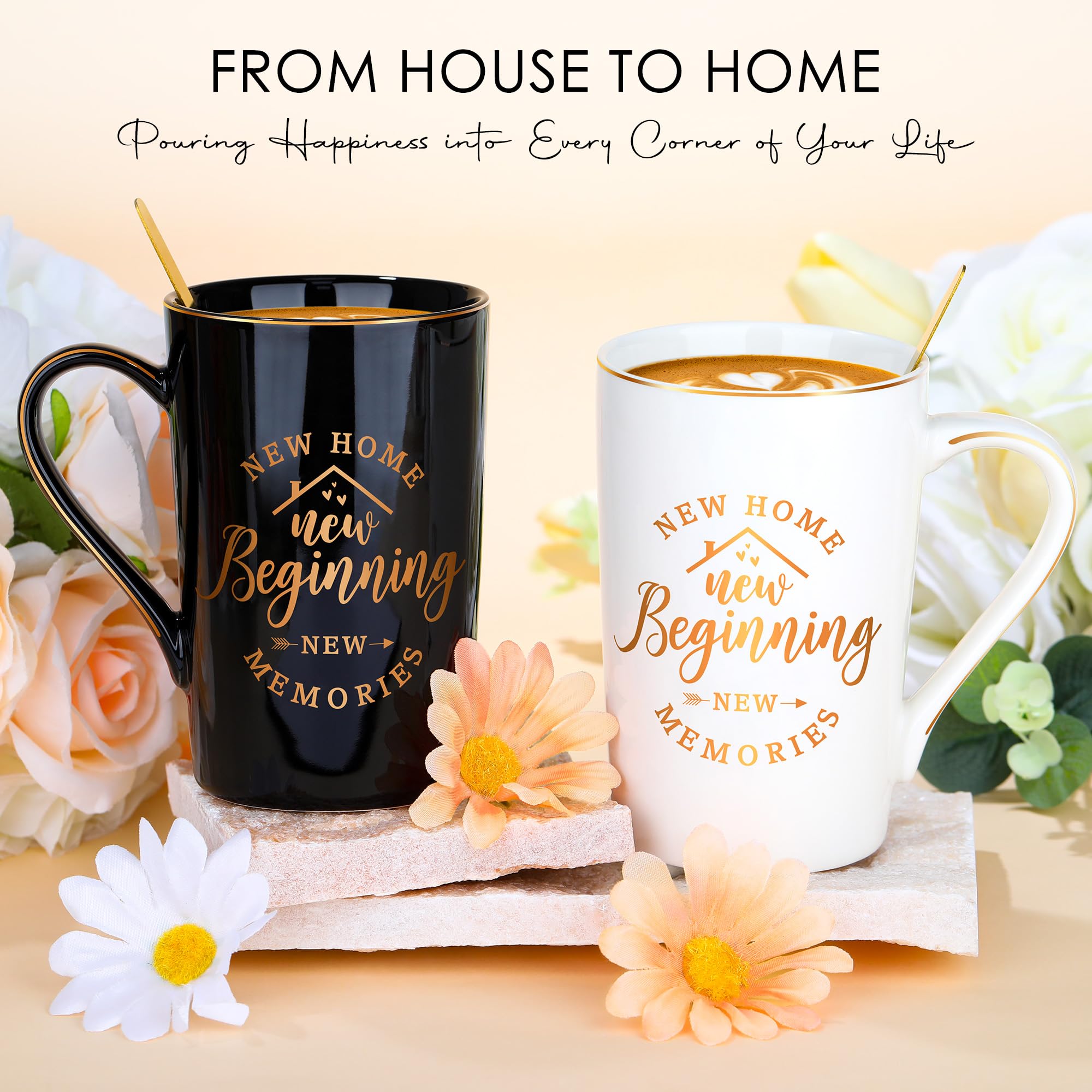 Two coffee mugs with gold spoons in gift set