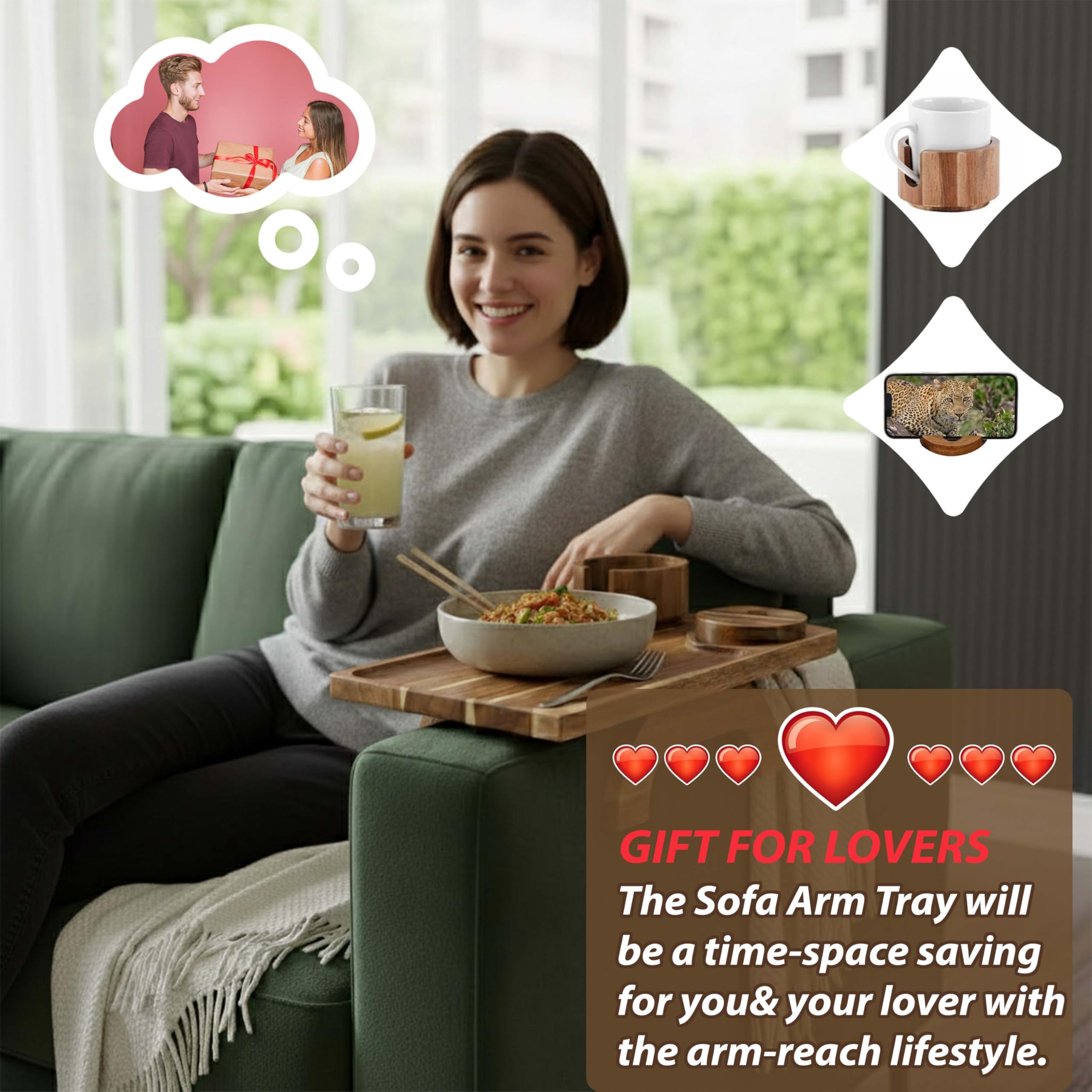 Organized remotes phones and snacks on armrest trays