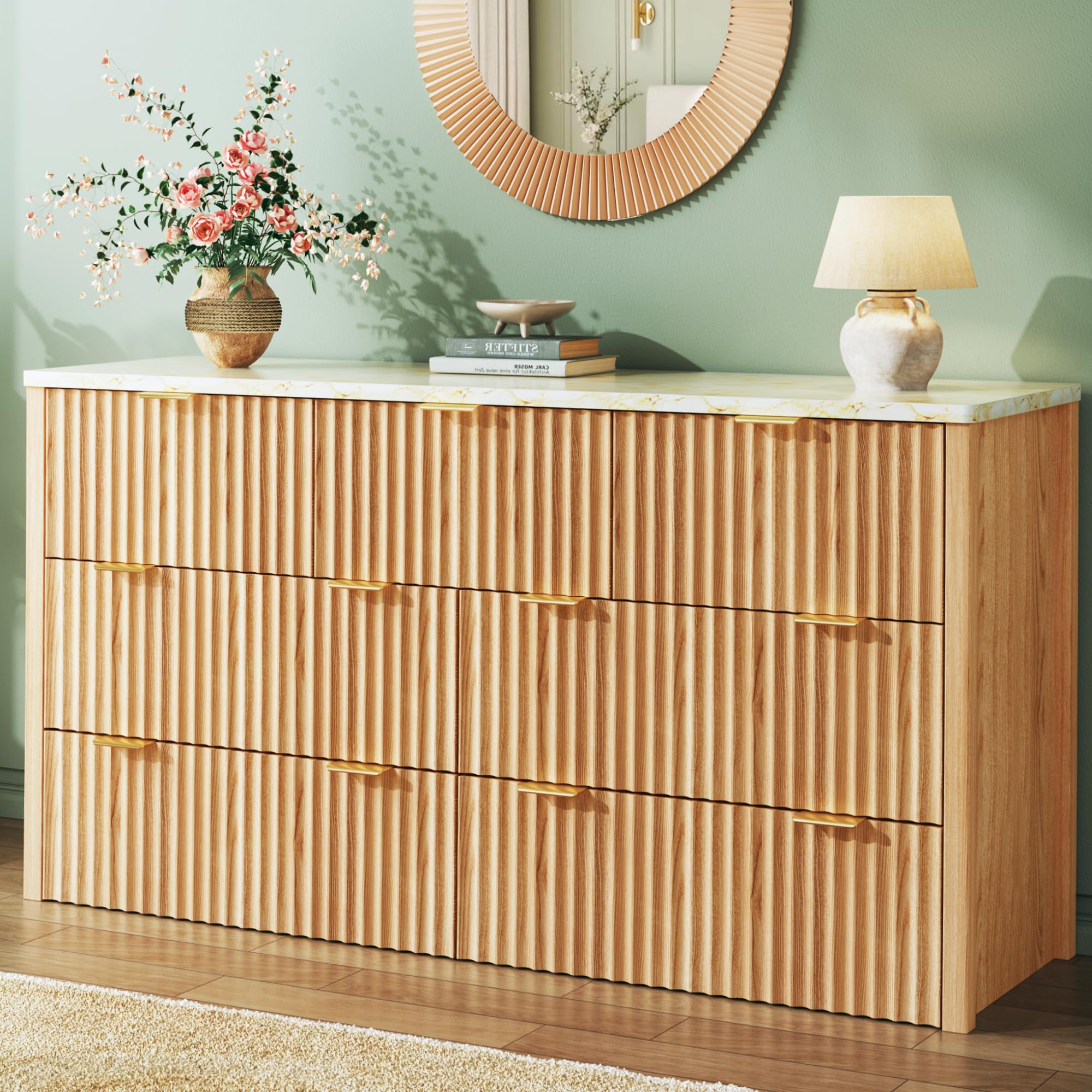 HUAHUU Fluted Dresser seven drawers natural oak