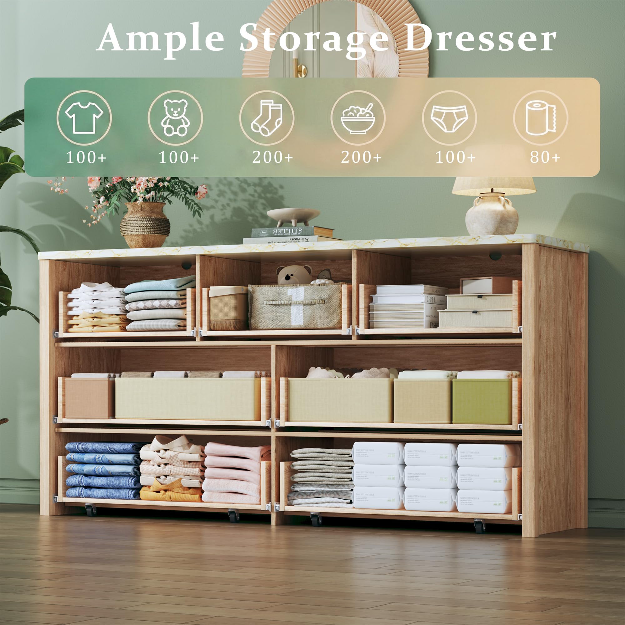 Seven drawers with upgraded rails