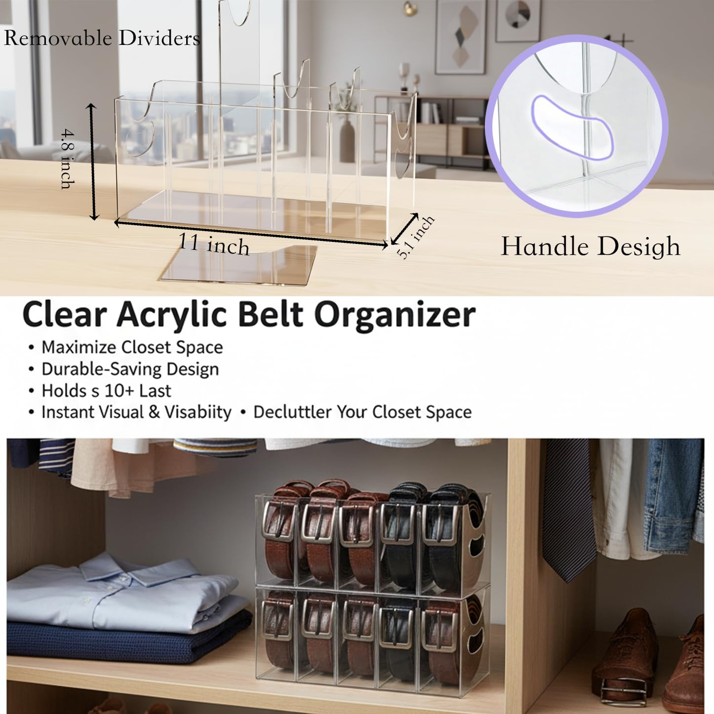 Two-pack clear acrylic belt organizers with four removable dividers each