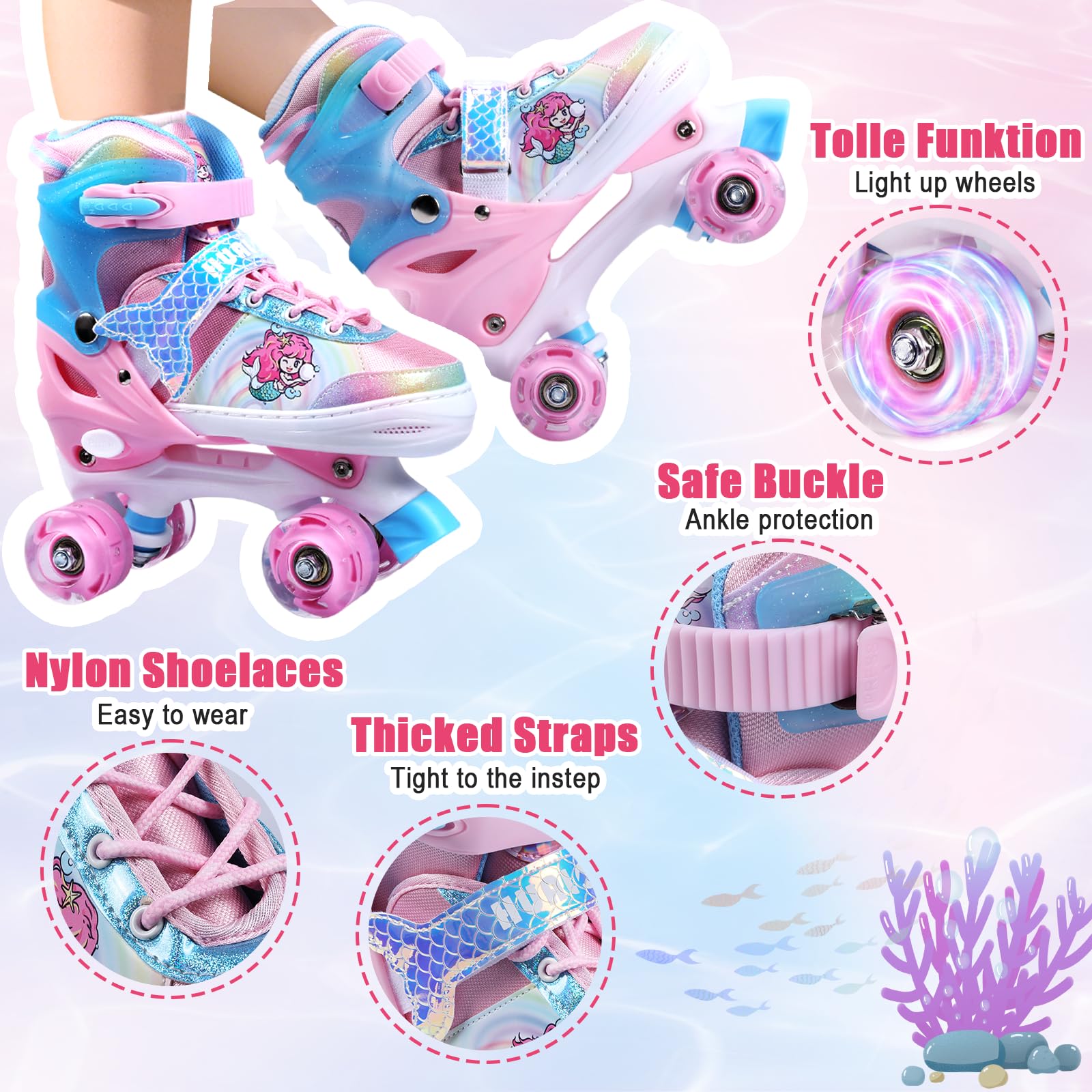 Triple protection buckle strap and laces on skates