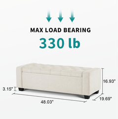 Beige storage bench ottoman with safety hinge