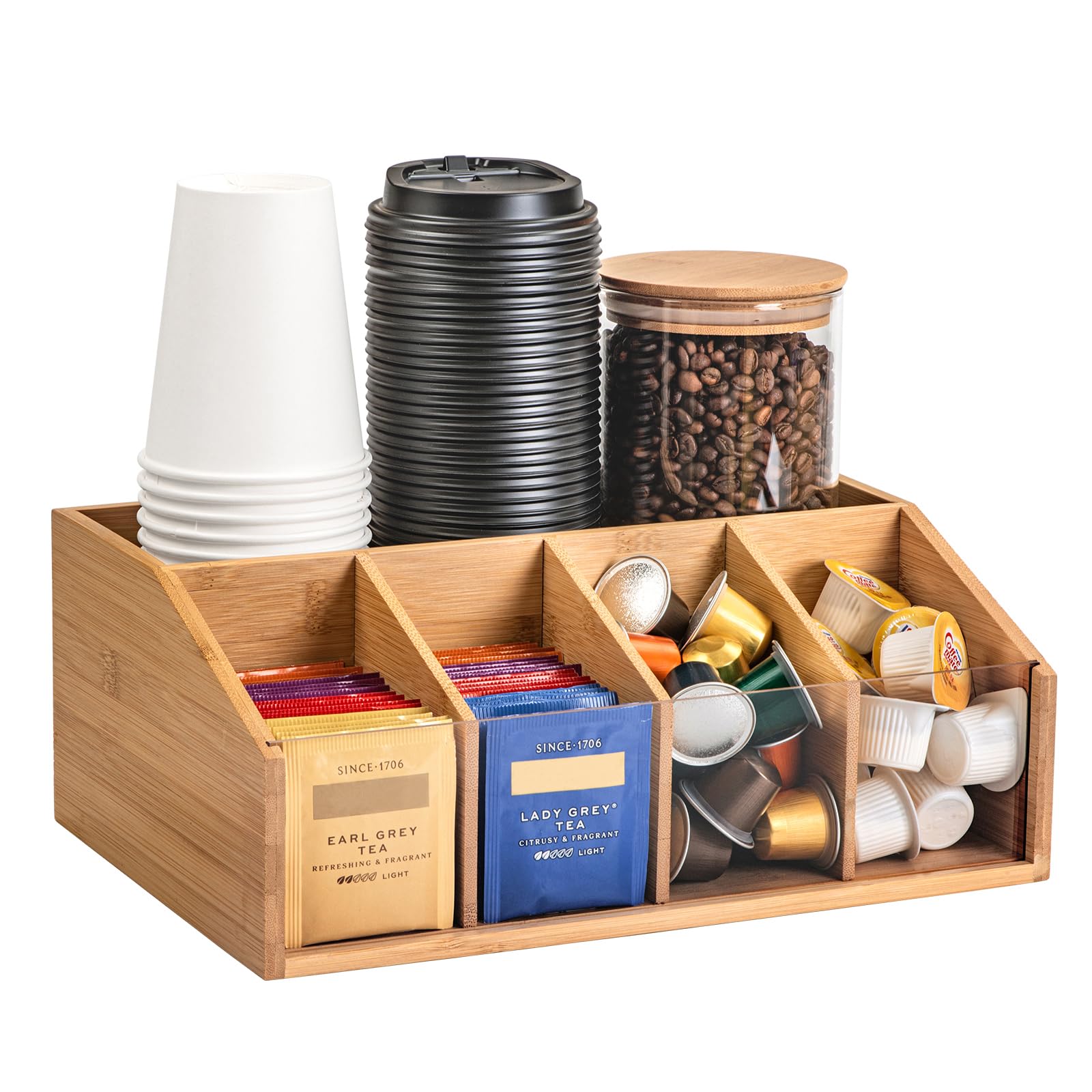 HUCINIUN bamboo coffee station organizer countertop with 5 compartments