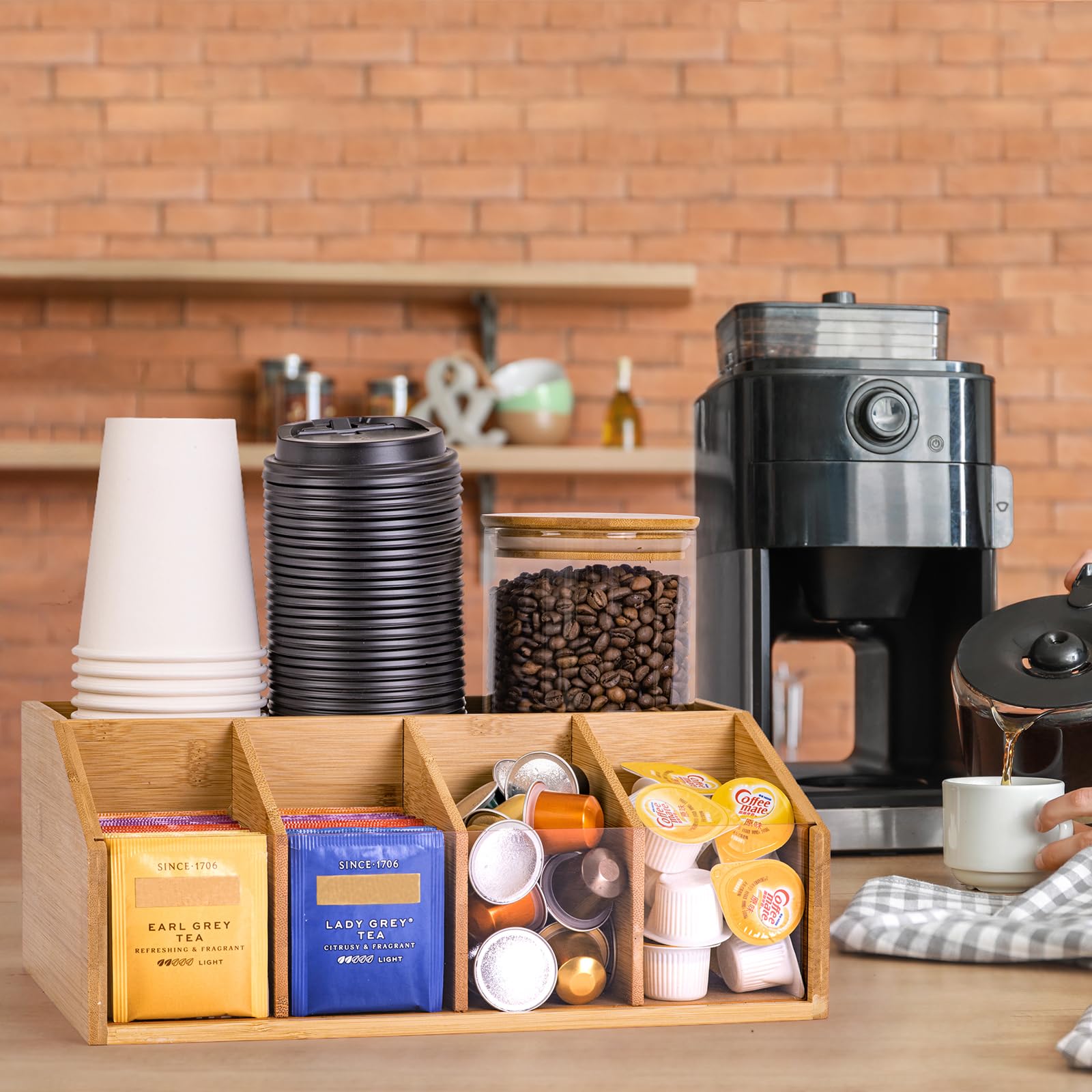 Anti-slip pads on corners for bamboo coffee organizer