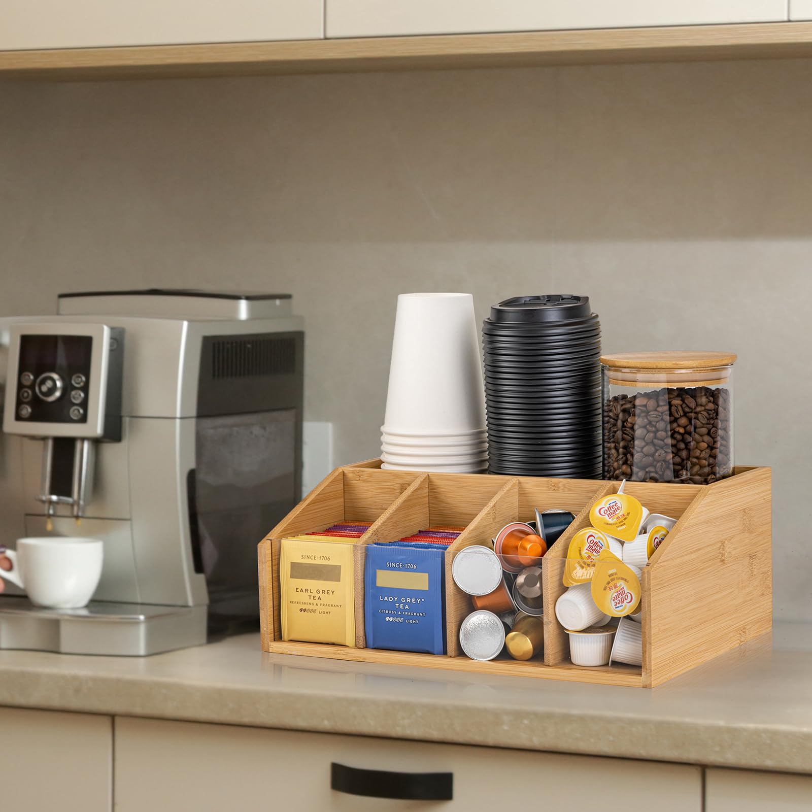 5-compartment bamboo coffee station organizer for cups and accessories