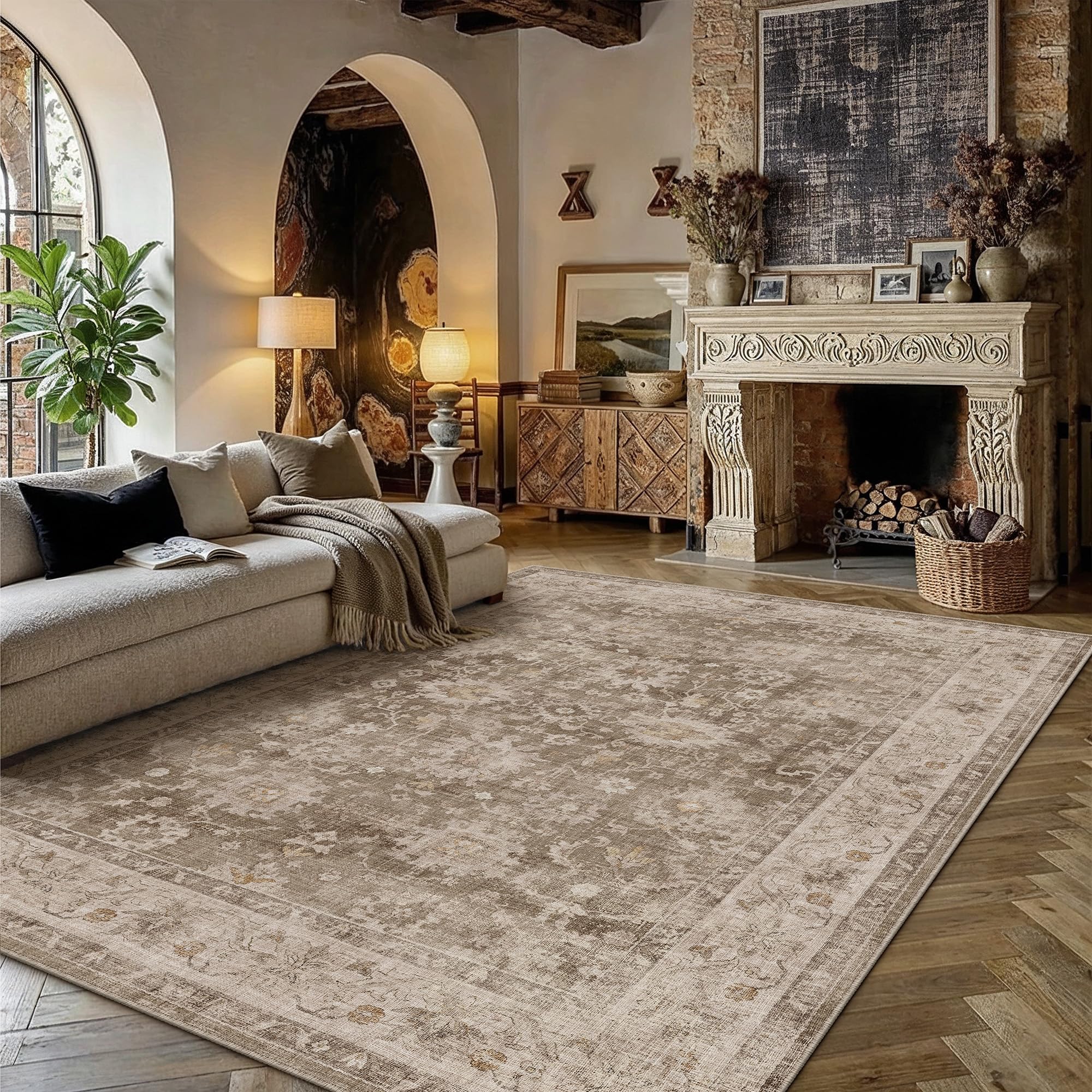 HUGEAR 8x10 taupe retro distressed area rug front view
