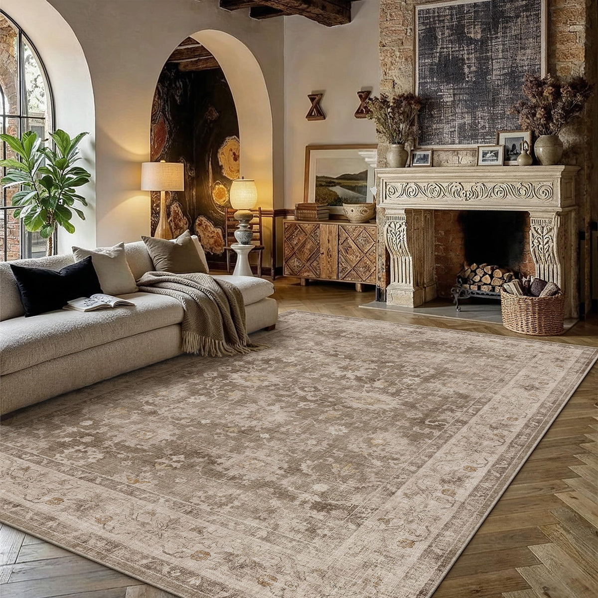 HUGEAR 8x10 taupe retro distressed area rug front view