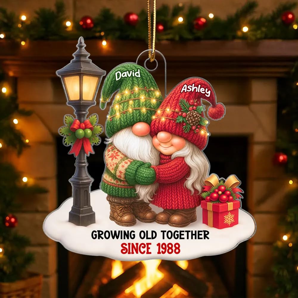 Hugging gnomes ornament on festive display