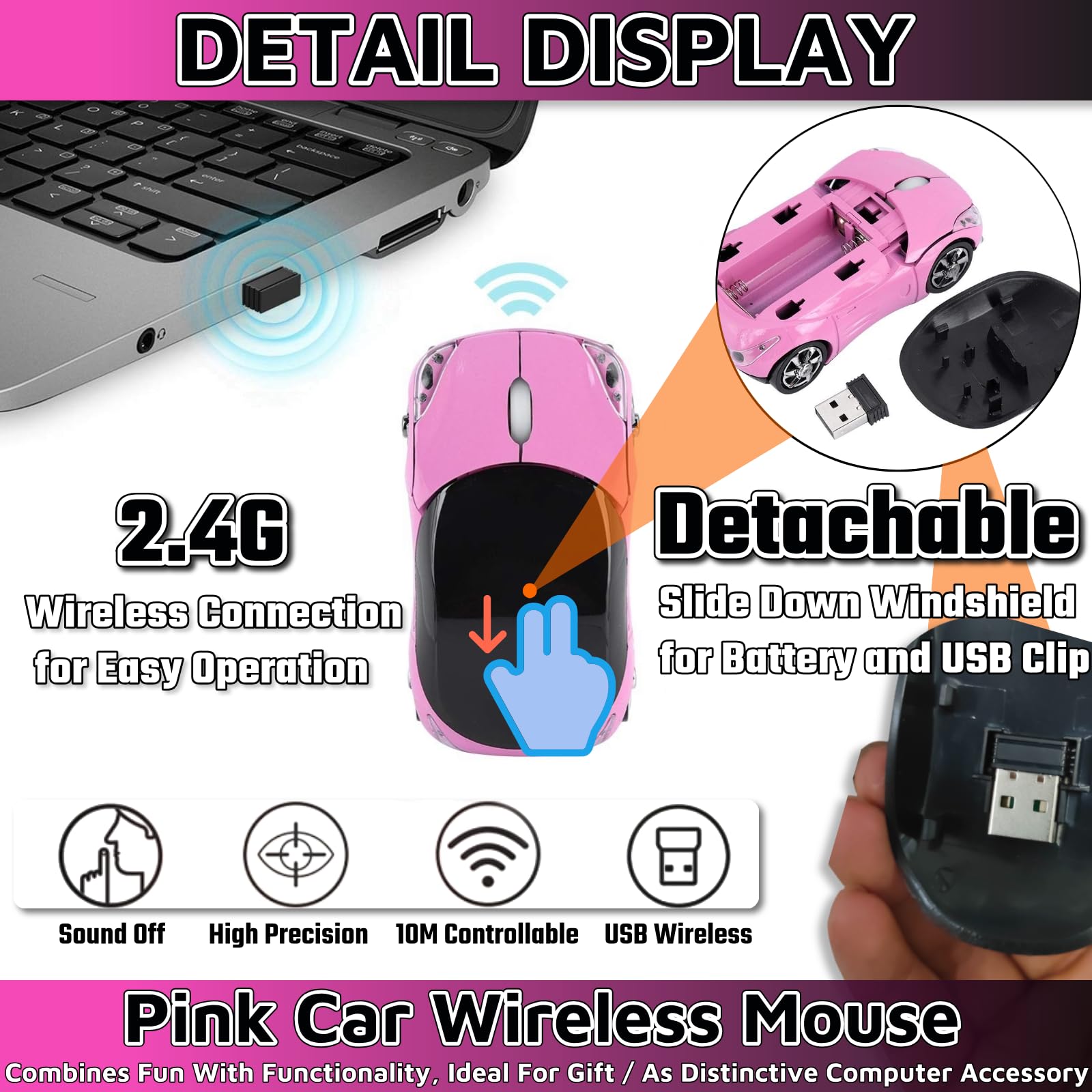 HuGuWdy pink wireless car mouse with 2.4G USB receiver